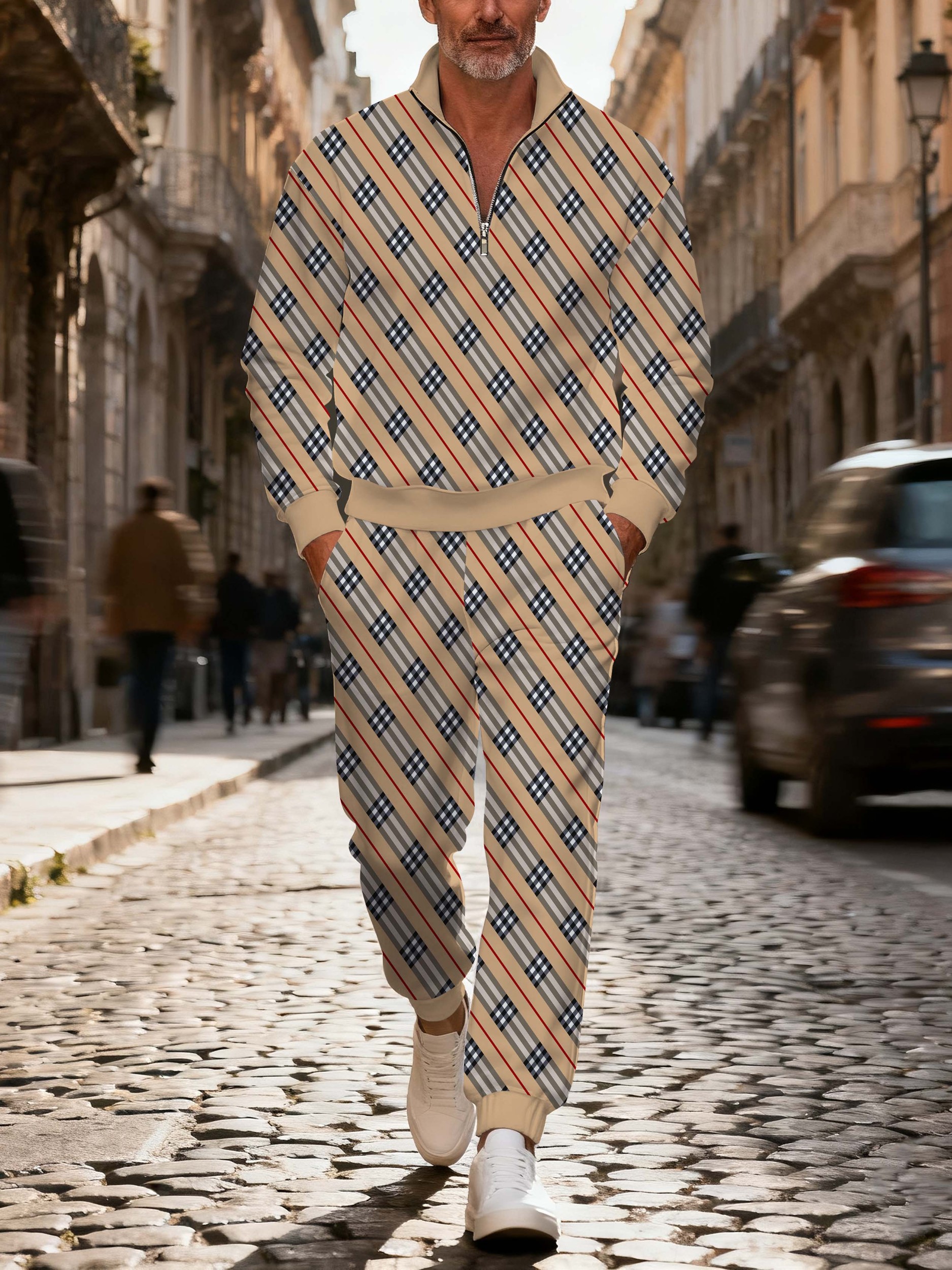 Men's stylish casual khaki checkered print zipper polo long-sleeve set