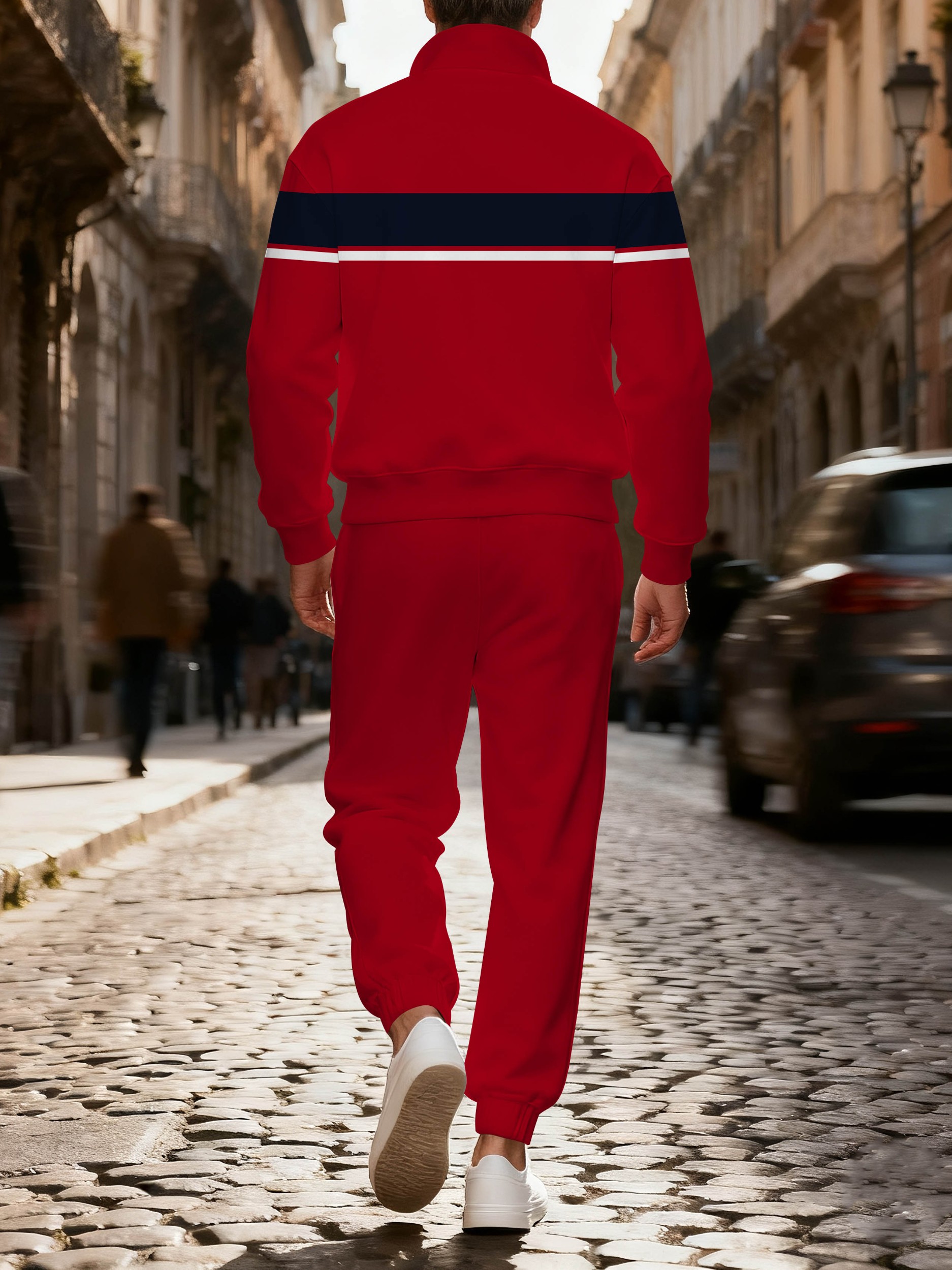 Men's fashionable casual red stripe printed zipper polo long-sleeve suit