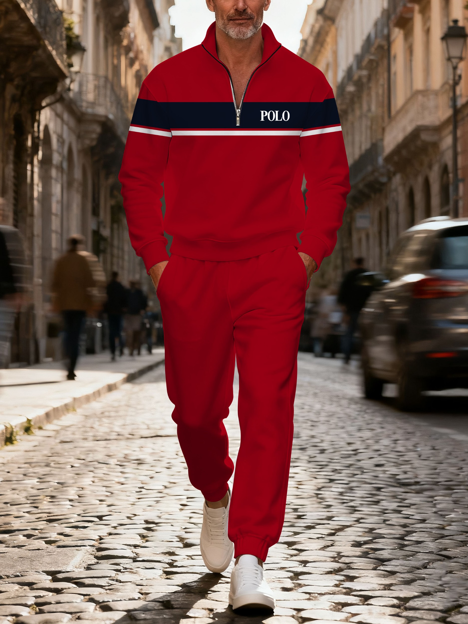 Men's fashionable casual red stripe printed zipper polo long-sleeve suit