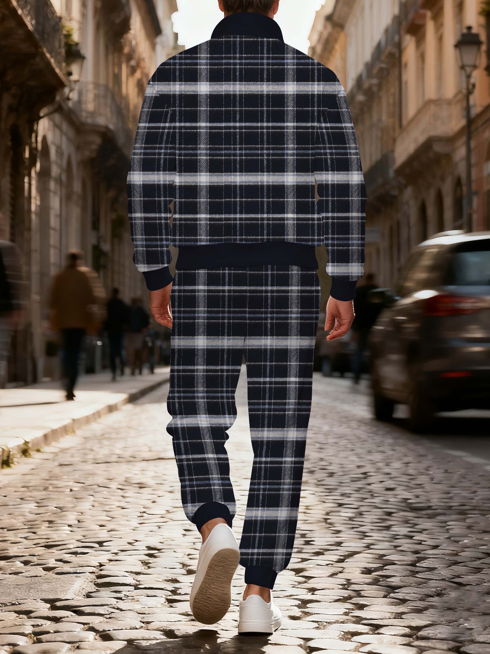 Men's fashionable casual navy checkered print zipper polo long-sleeve set