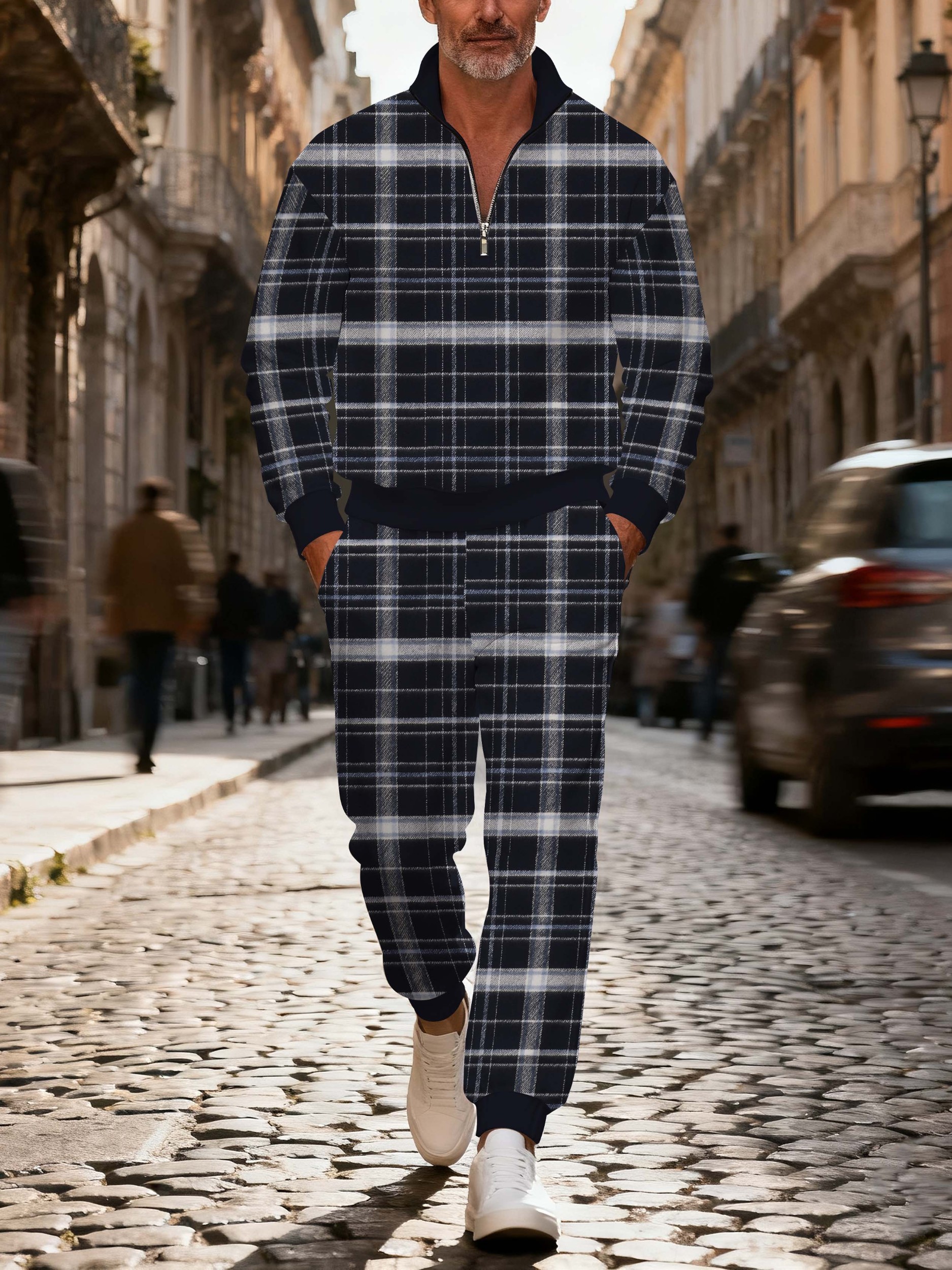 Men's fashionable casual navy checkered print zipper polo long-sleeve set