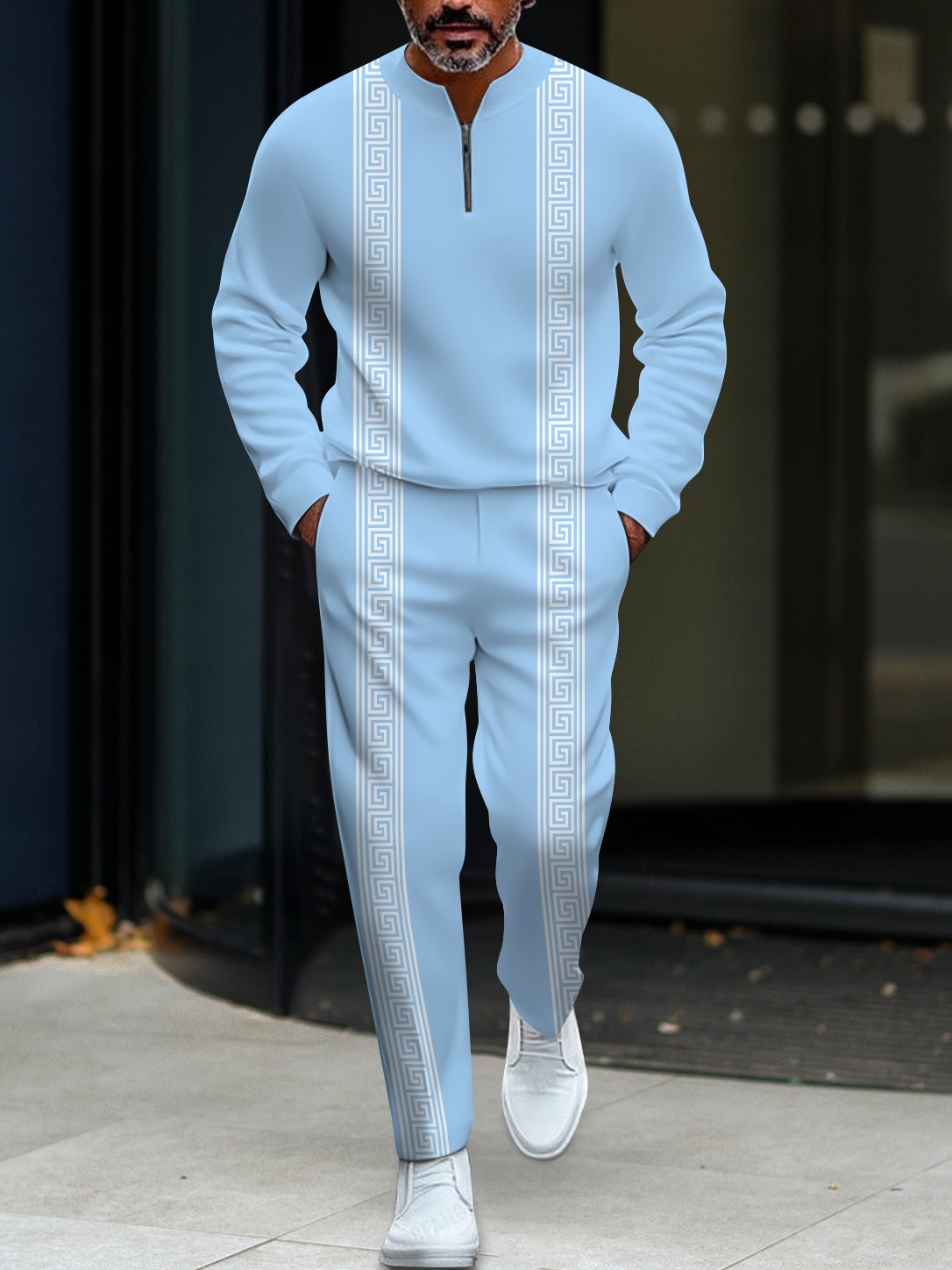 Men's casual blue geometric print polo with zipper long-sleeved set