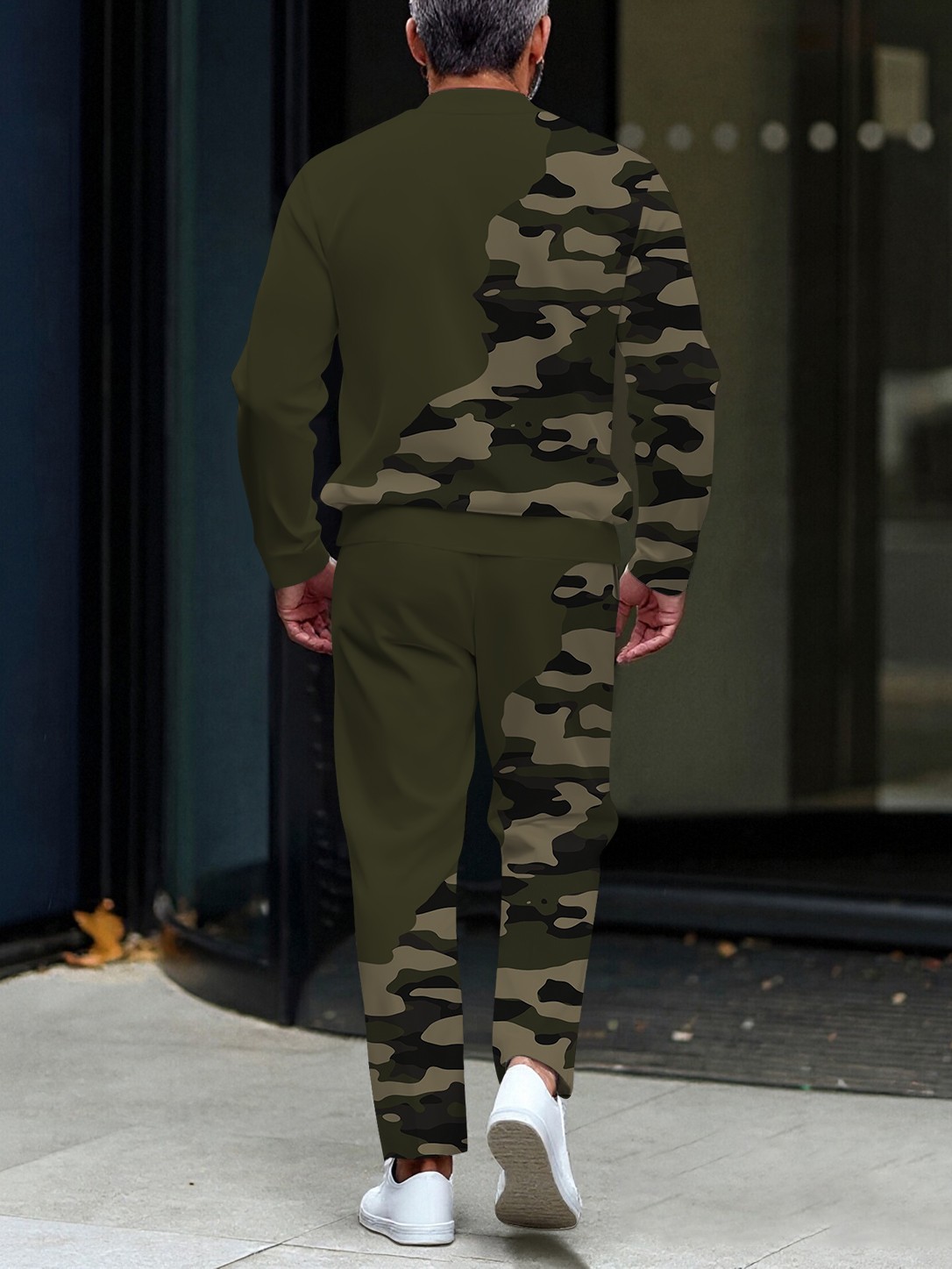 Men's casual green camouflage printed polo with zipper long-sleeved set