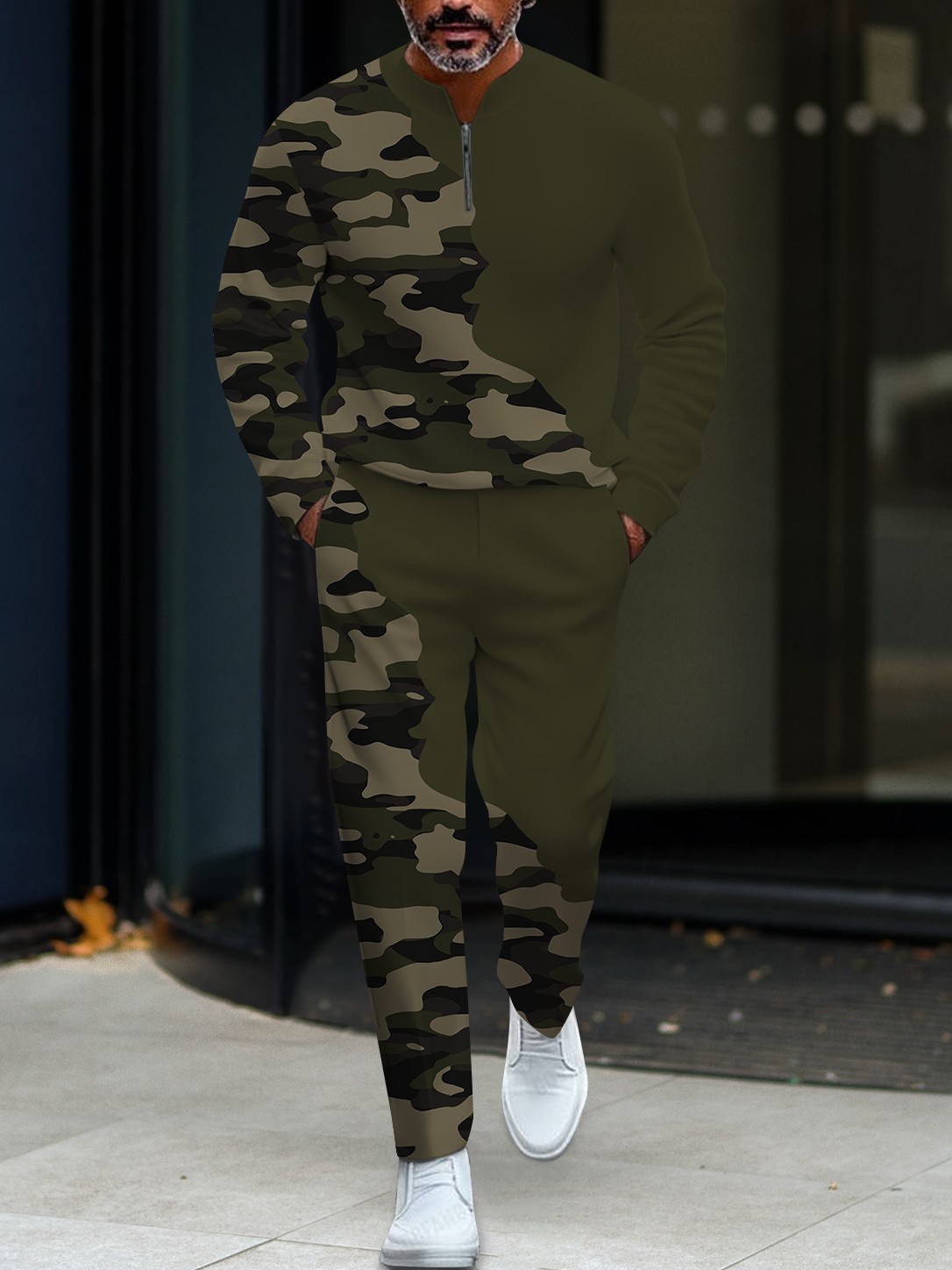 Men's casual green camouflage printed polo with zipper long-sleeved set