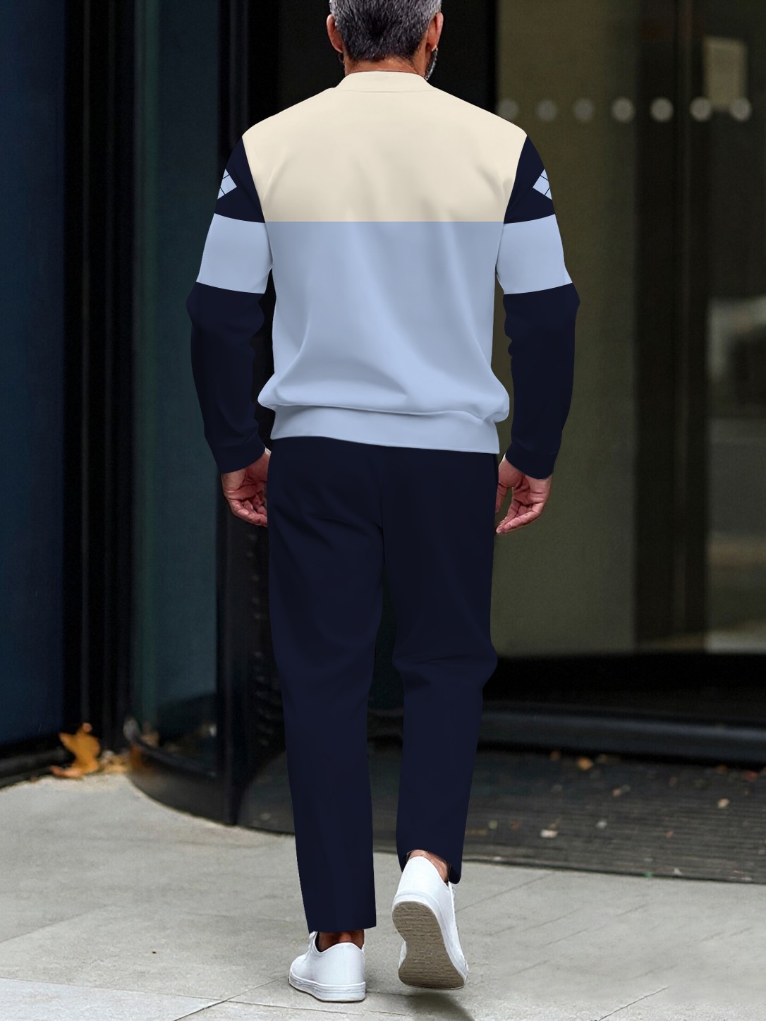 Men's casual blue printed polo zip-up long-sleeve suit