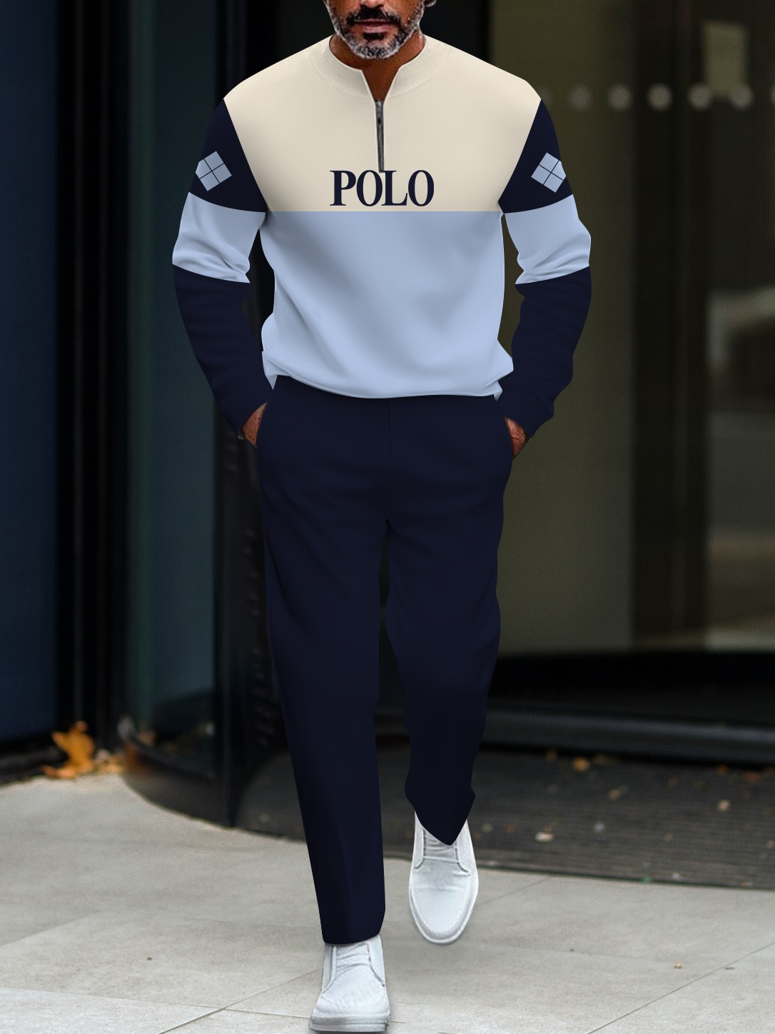 Men's casual blue printed polo zip-up long-sleeve suit