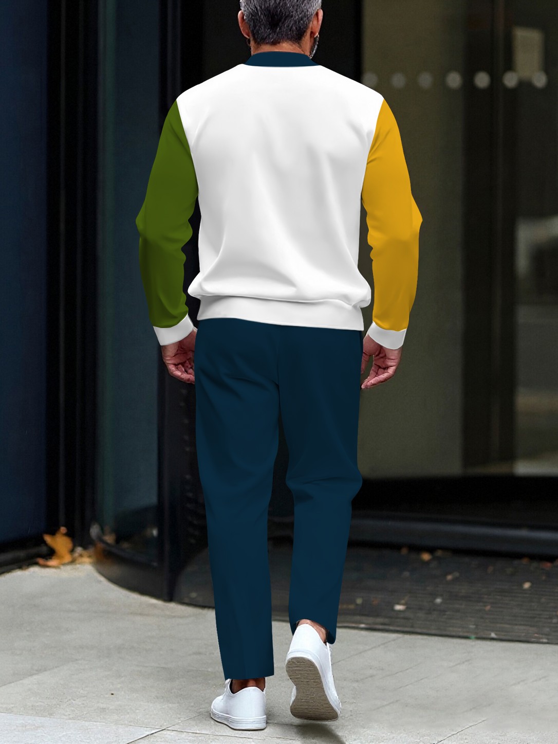 Men's casual multi-color printed polo with zipper long-sleeved suit