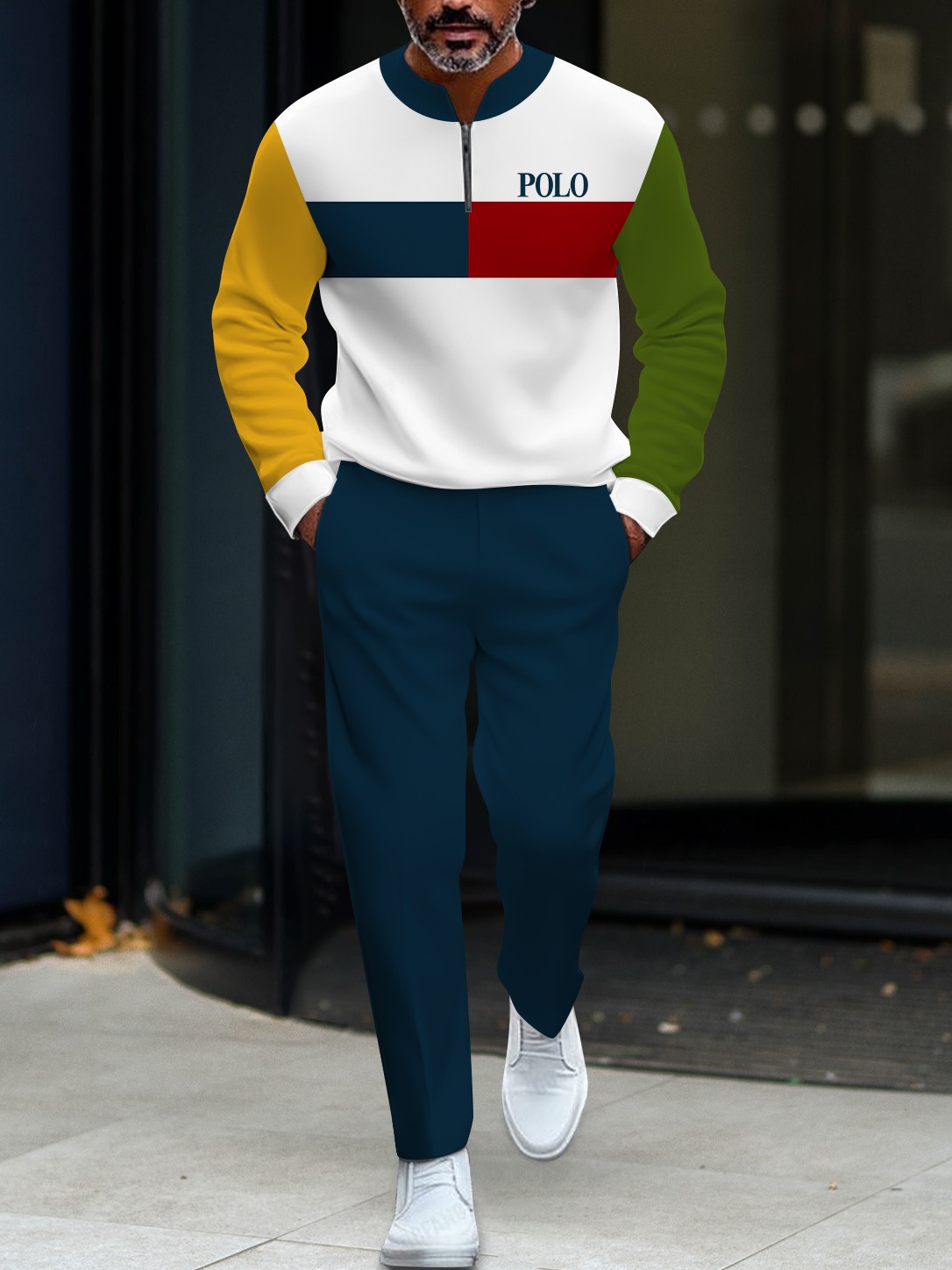 Men's casual multi-color printed polo with zipper long-sleeved suit