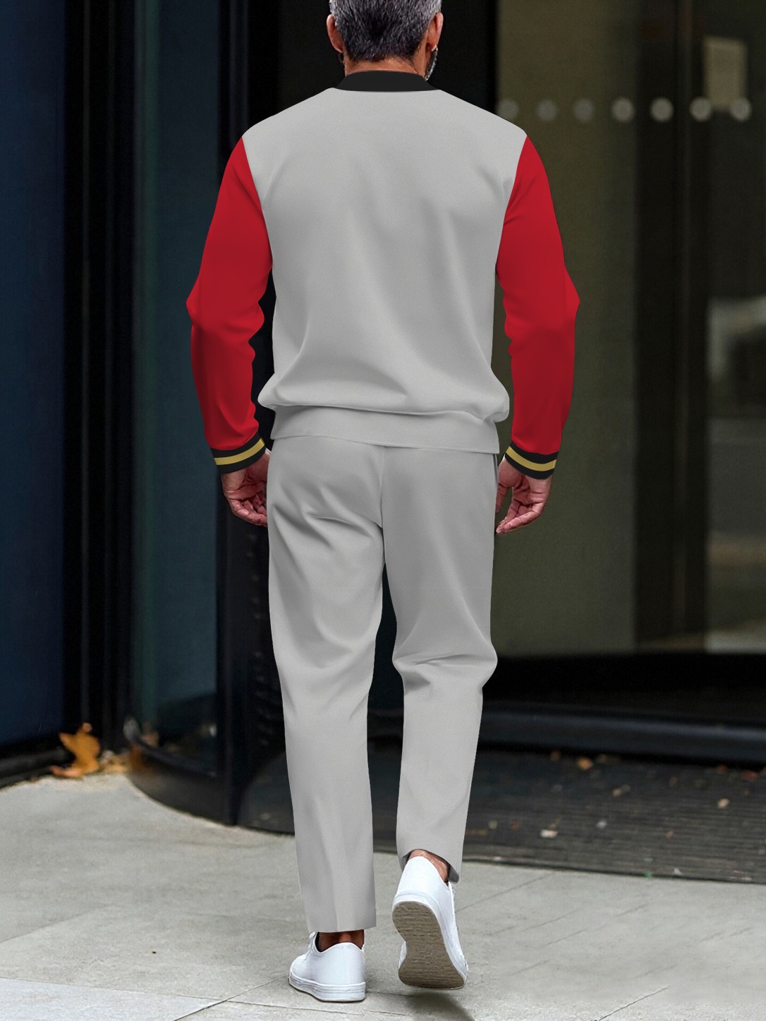 Men's casual multi-color printed polo with zipper long-sleeved suit