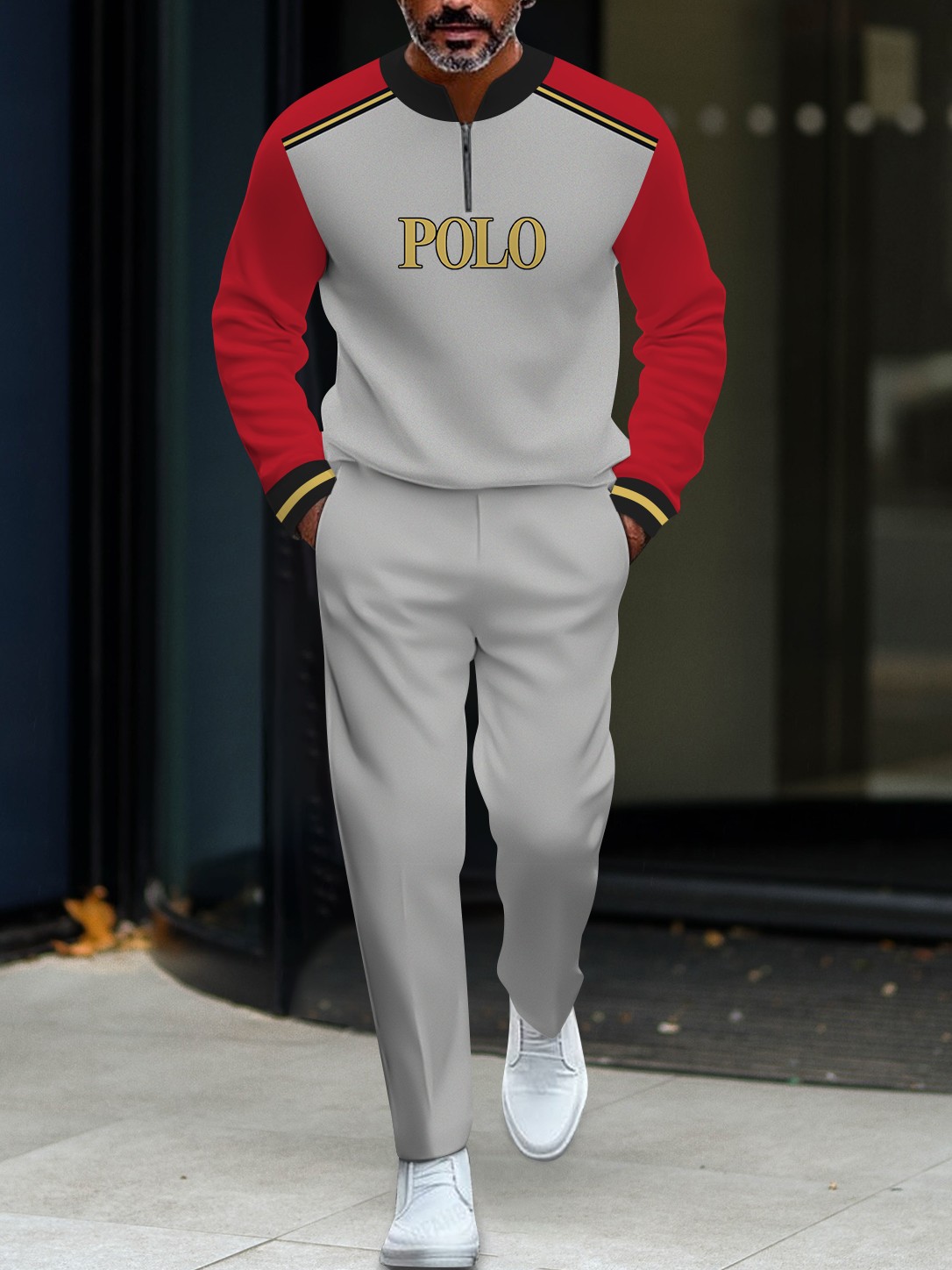 Men's casual multi-color printed polo with zipper long-sleeved suit