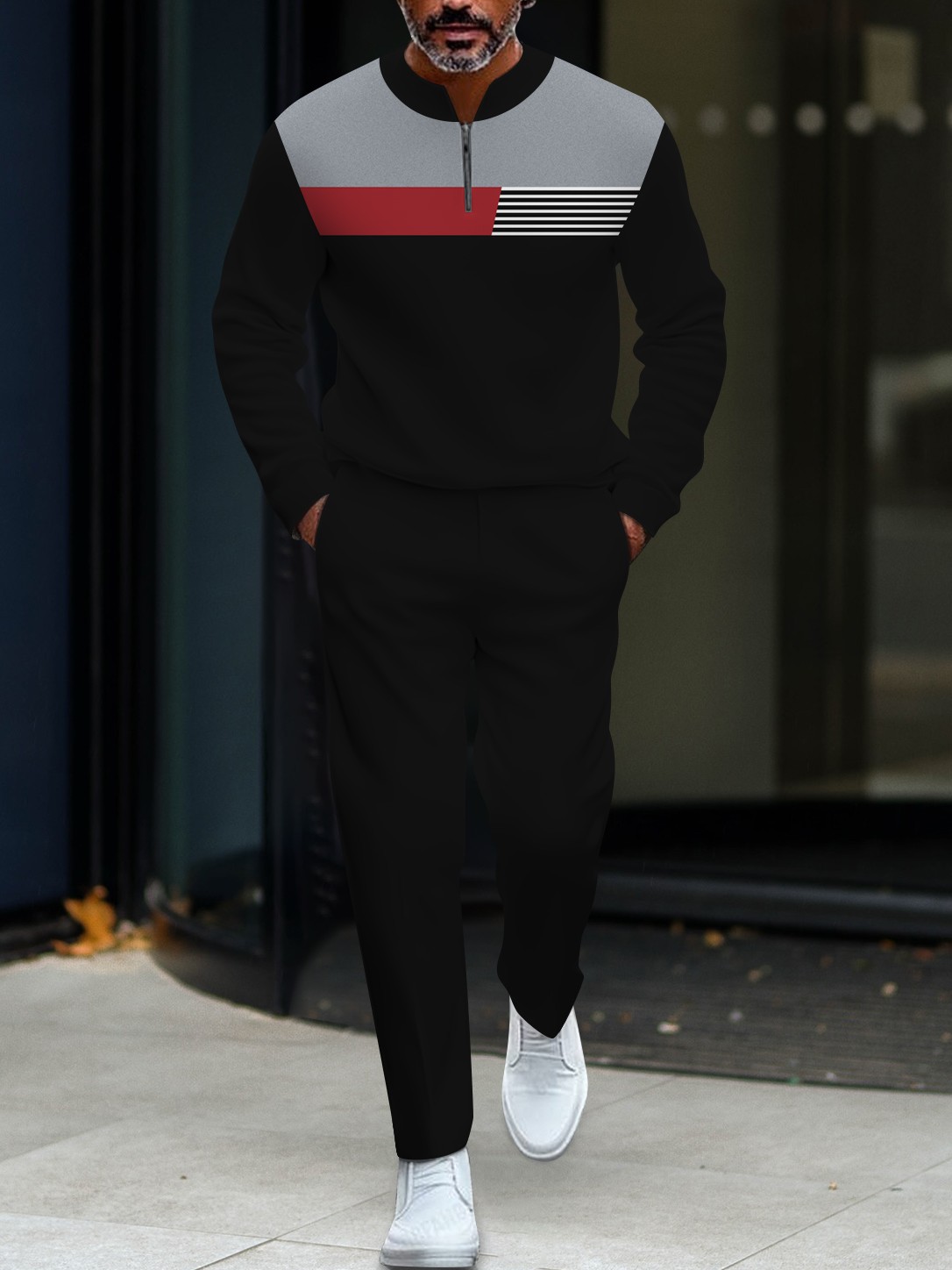 Men's casual black geometric print polo with zipper long-sleeved suit