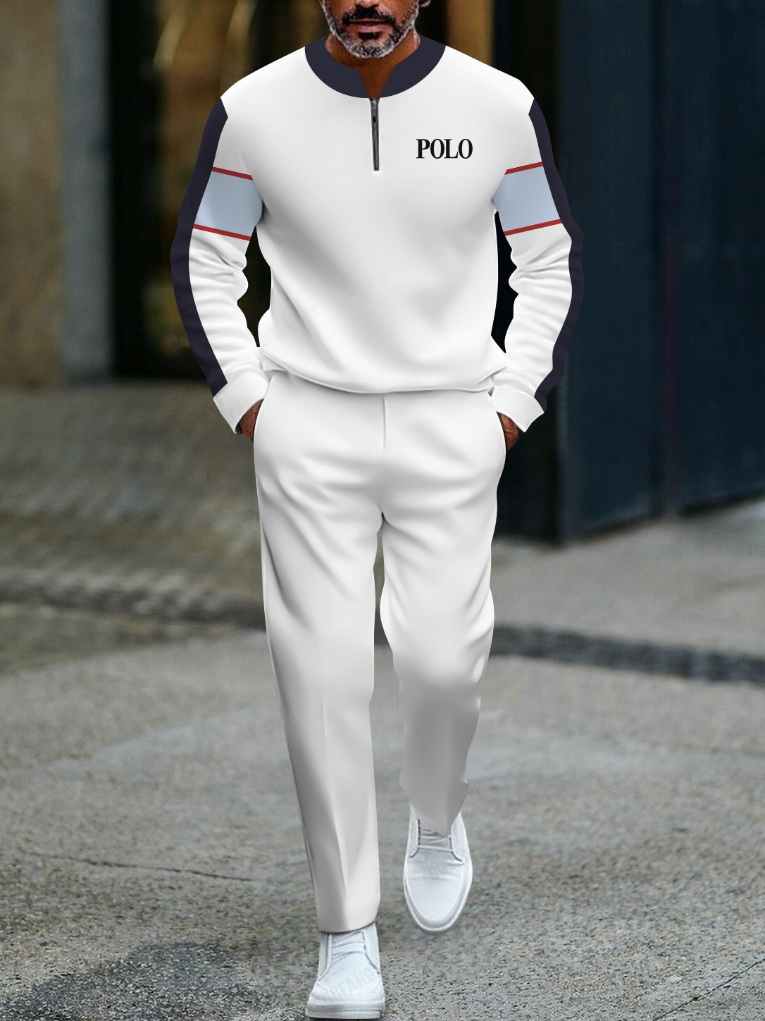 Men's casual multi-color printed polo with zipper long-sleeved suit