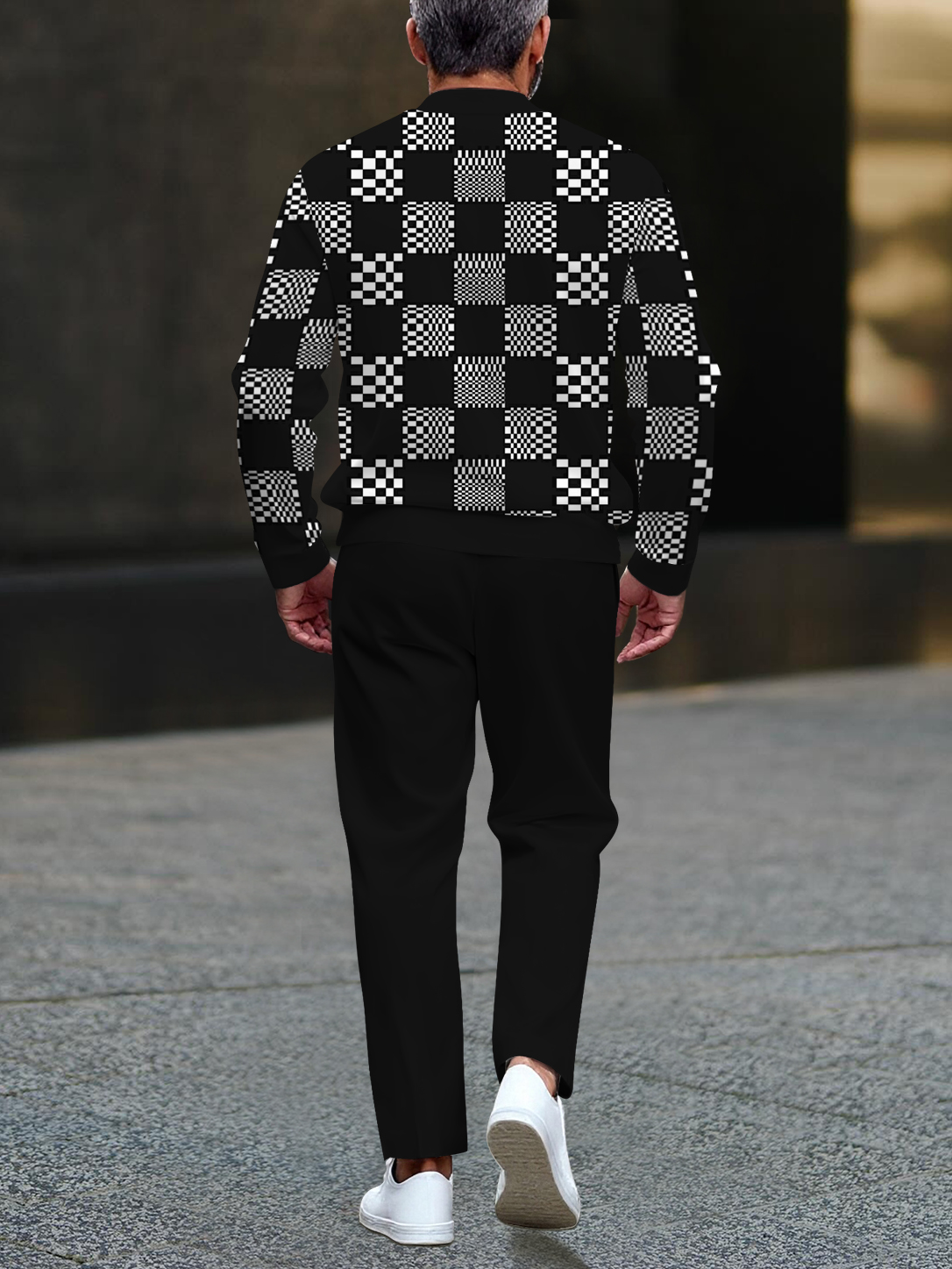 Men's black and white checkered print zipper long-sleeved two-piece set