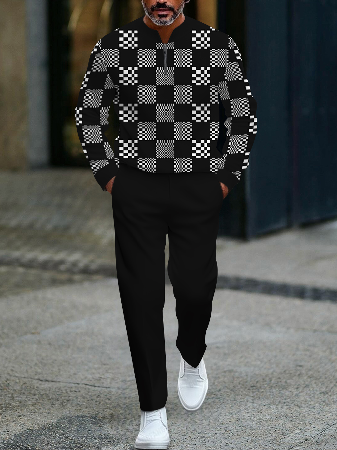 Men's black and white checkered print zipper long-sleeved two-piece se