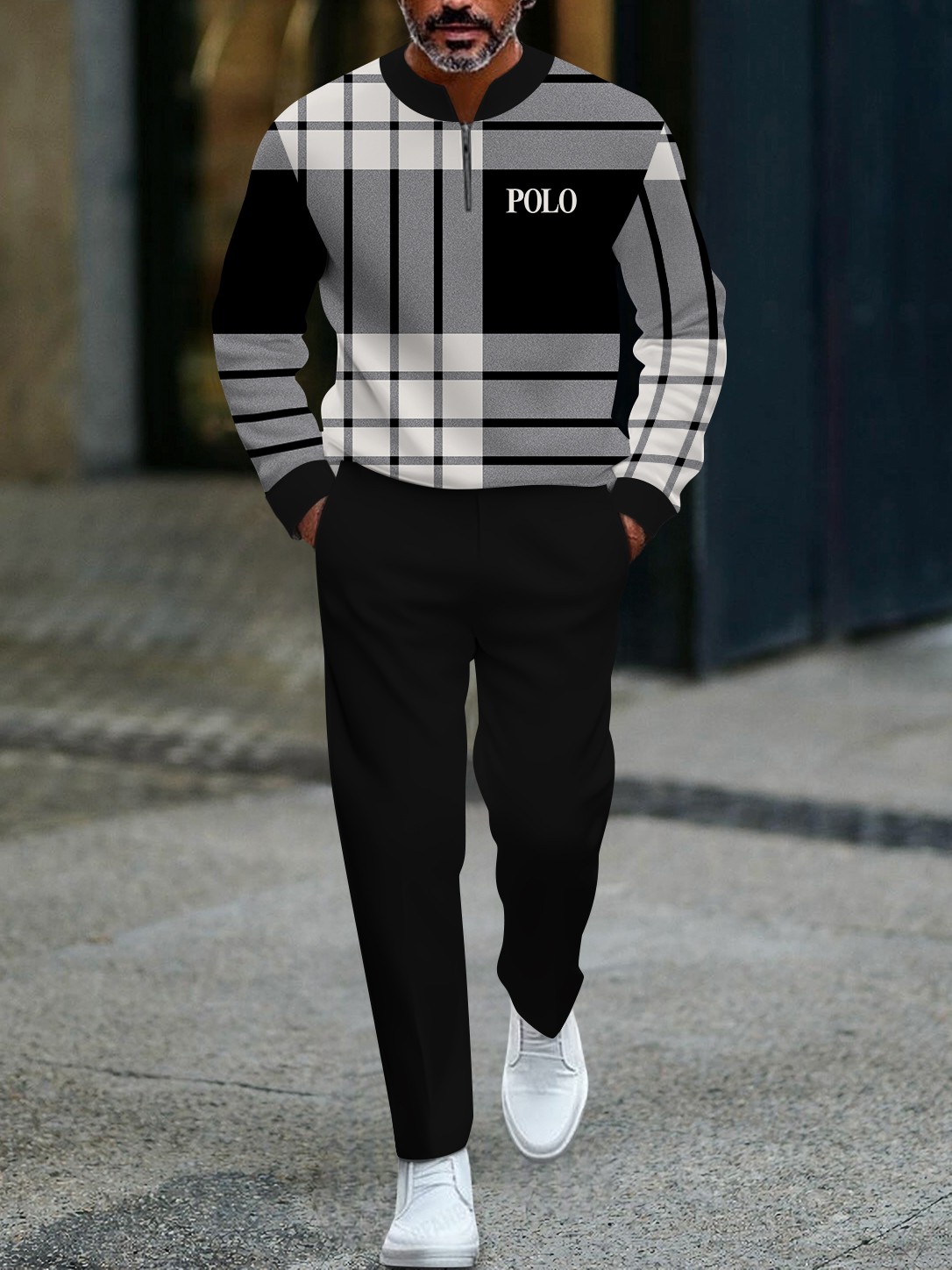 Men's fashionable black checkered print zipper long-sleeved two-piece 