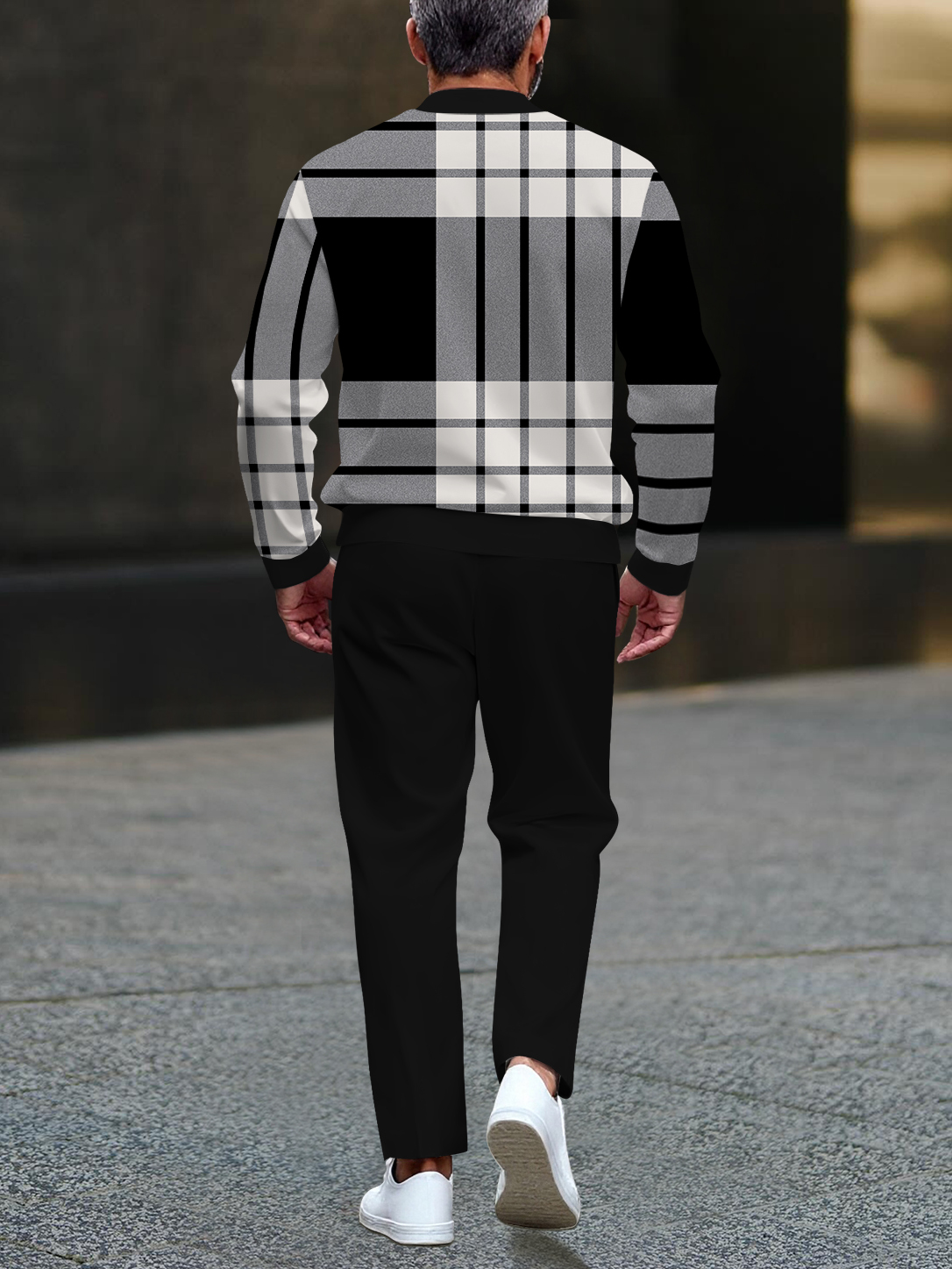 Men's fashionable black checkered print zipper long-sleeved two-piece set