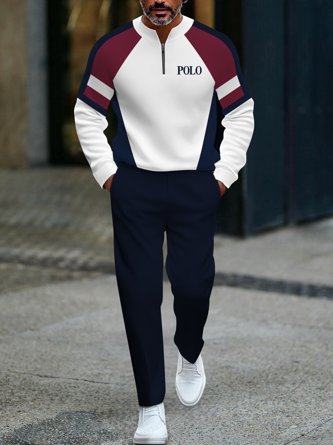 Men's fashionable multi-color printed zipper long-sleeved two-piece set