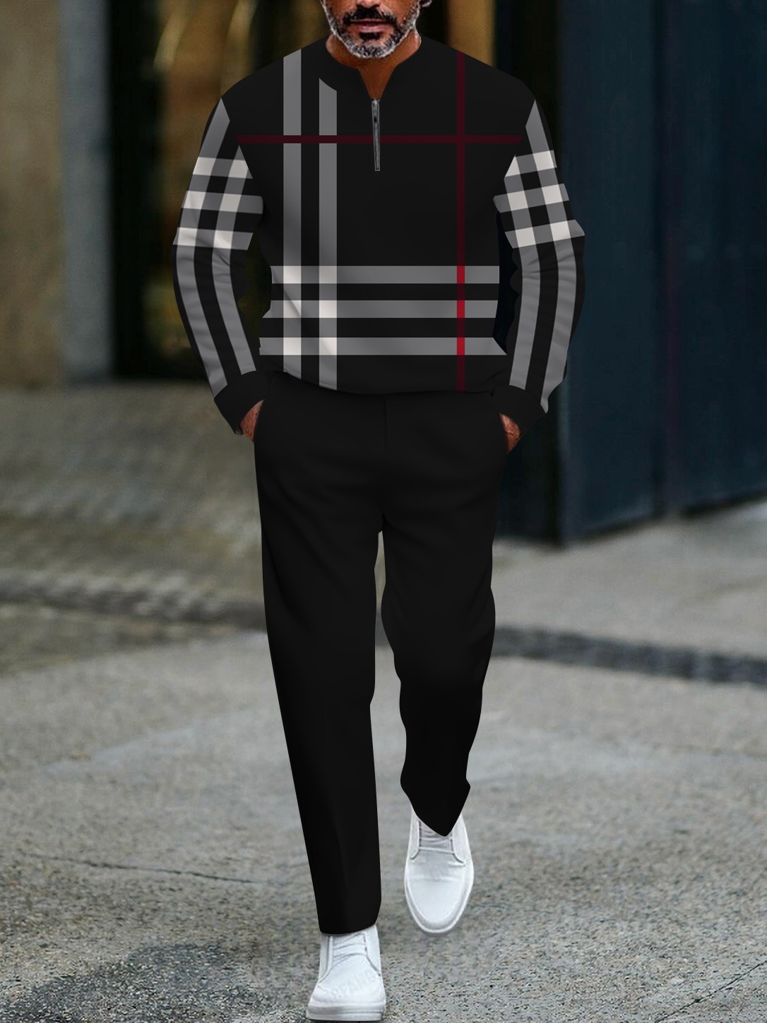 Men's fashionable black checkered print zipper long-sleeved two-piece 