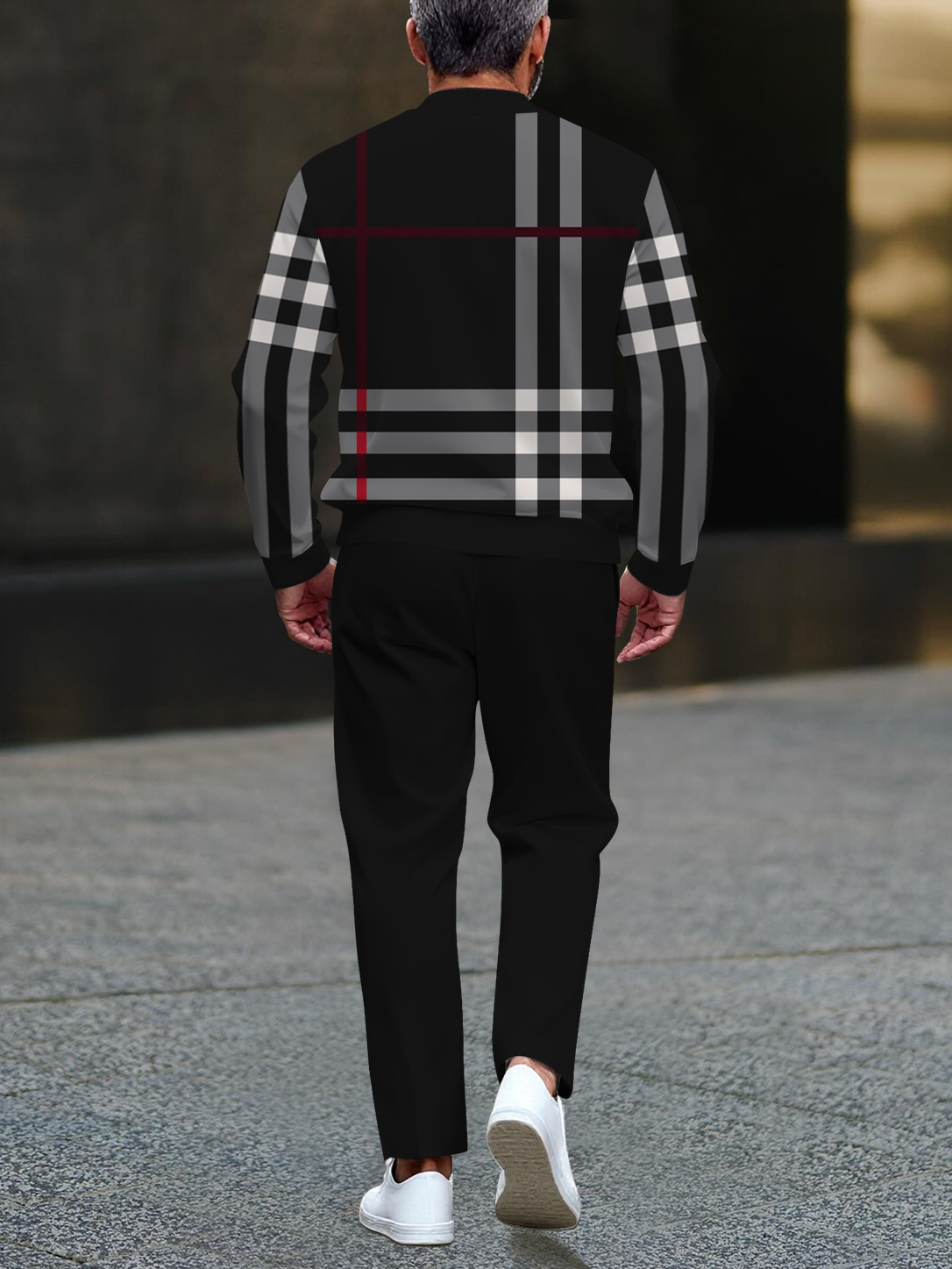 Men's fashionable black checkered print zipper long-sleeved two-piece set