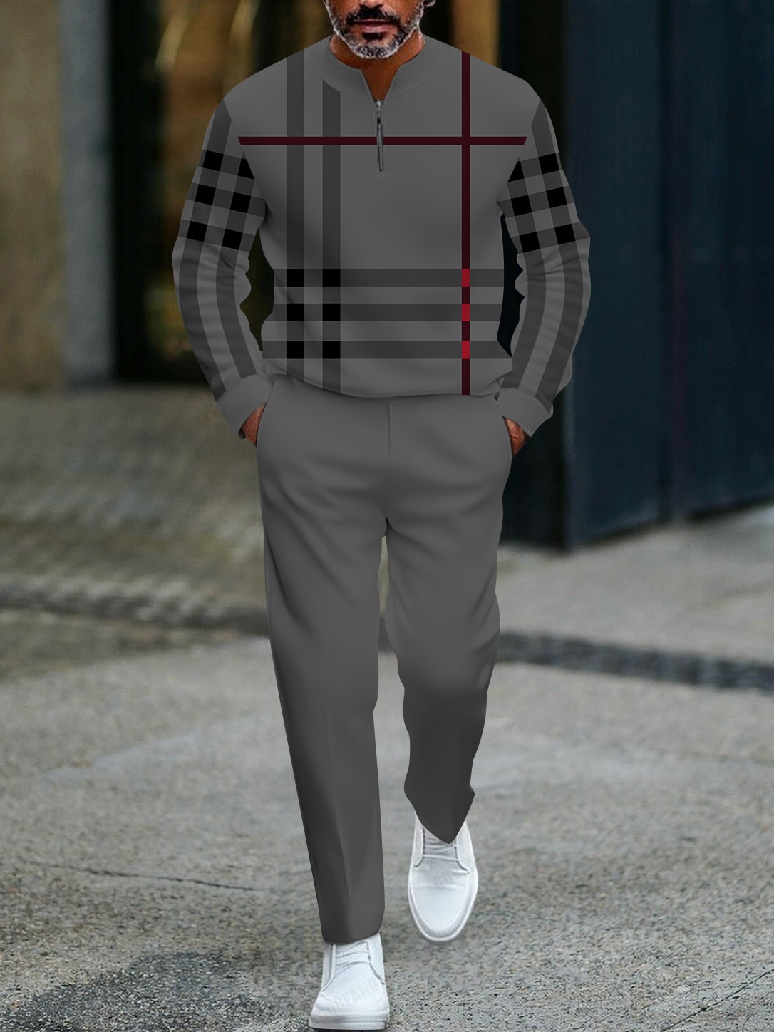 Men's fashionable grey checkered print zipper long-sleeved two-piece set