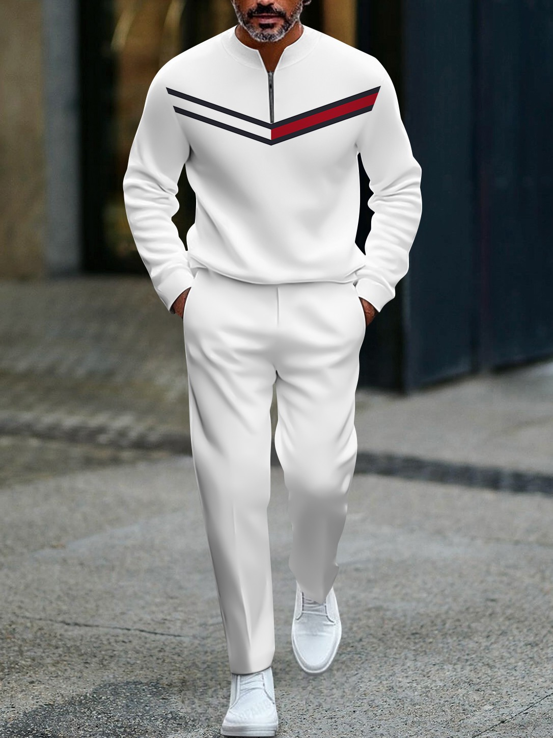 Men's fashionable white geometric print zipper long-sleeved two-piece set