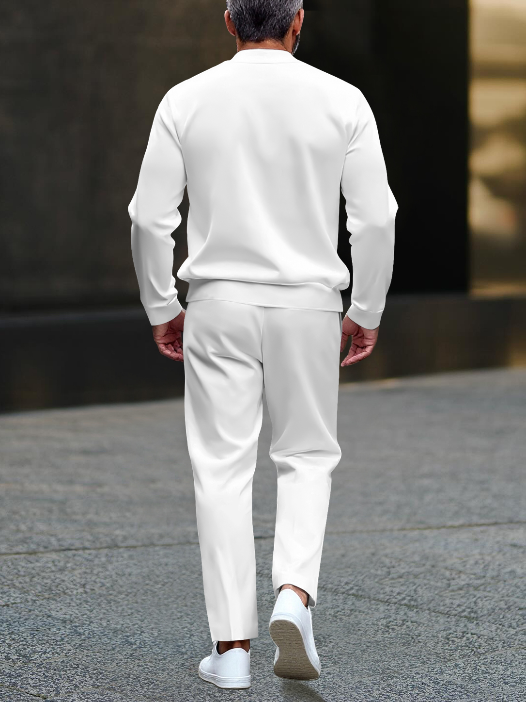 Men's fashionable white geometric print zipper long-sleeved two-piece set