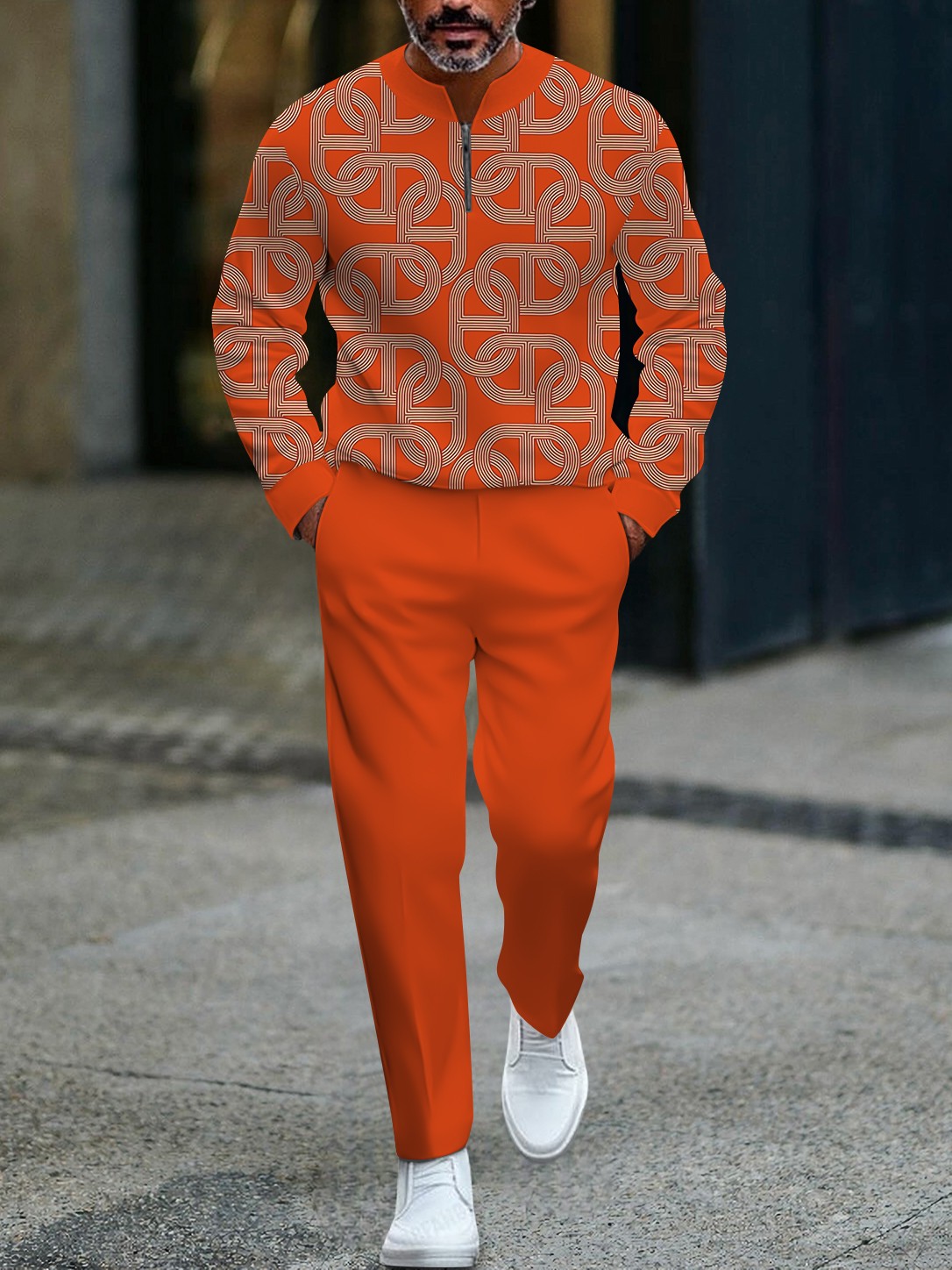 Men's fashionable orange geometric print zipper long-sleeved two-piece set