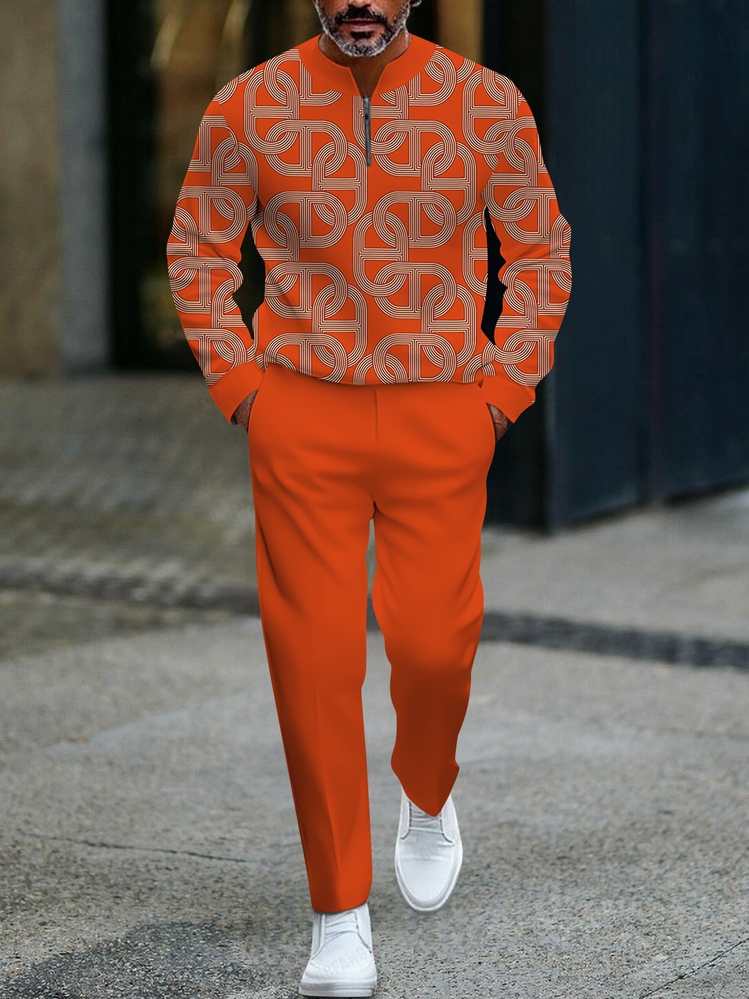 Men's fashionable orange geometric print zipper long-sleeved two-piece