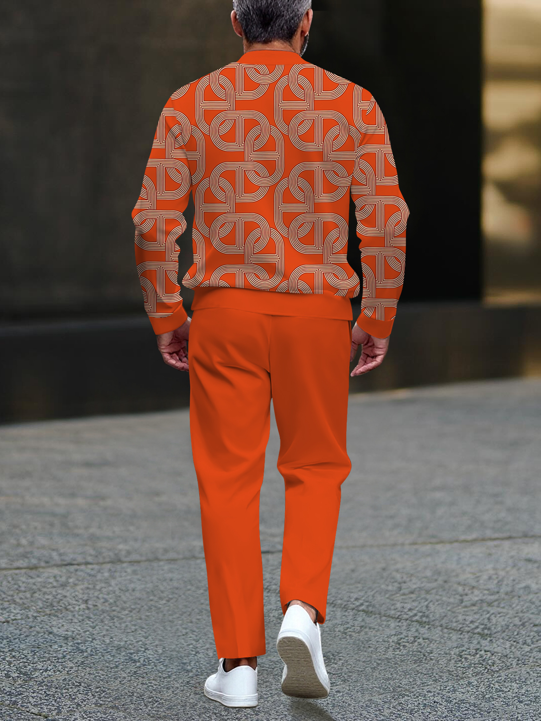 Men's fashionable orange geometric print zipper long-sleeved two-piece set