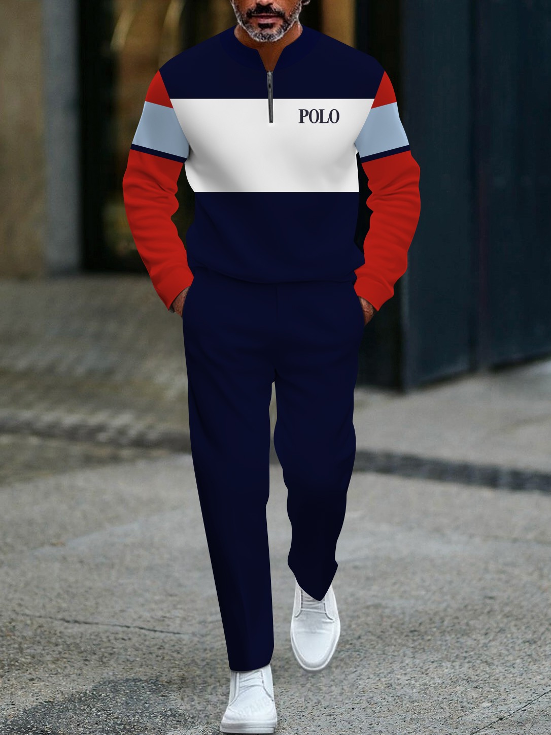 Men's fashionable casual multi-color zipper long-sleeved two-piece set