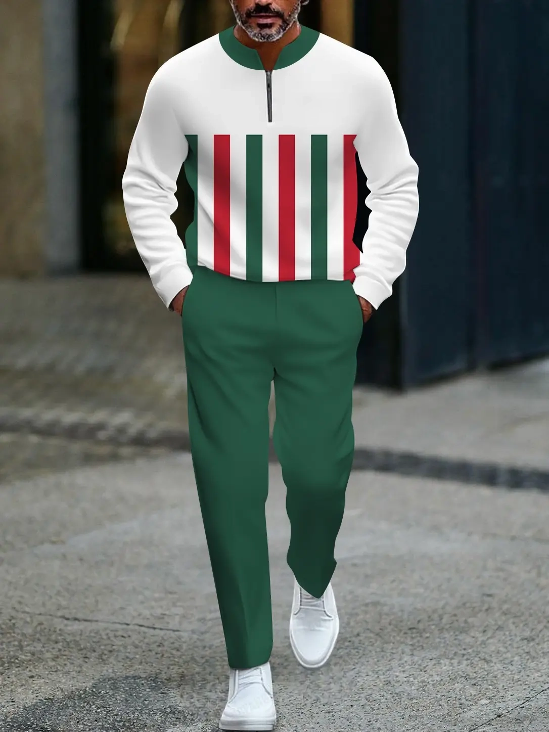 Men's fashionable casual green striped zipper long-sleeved two-piece set