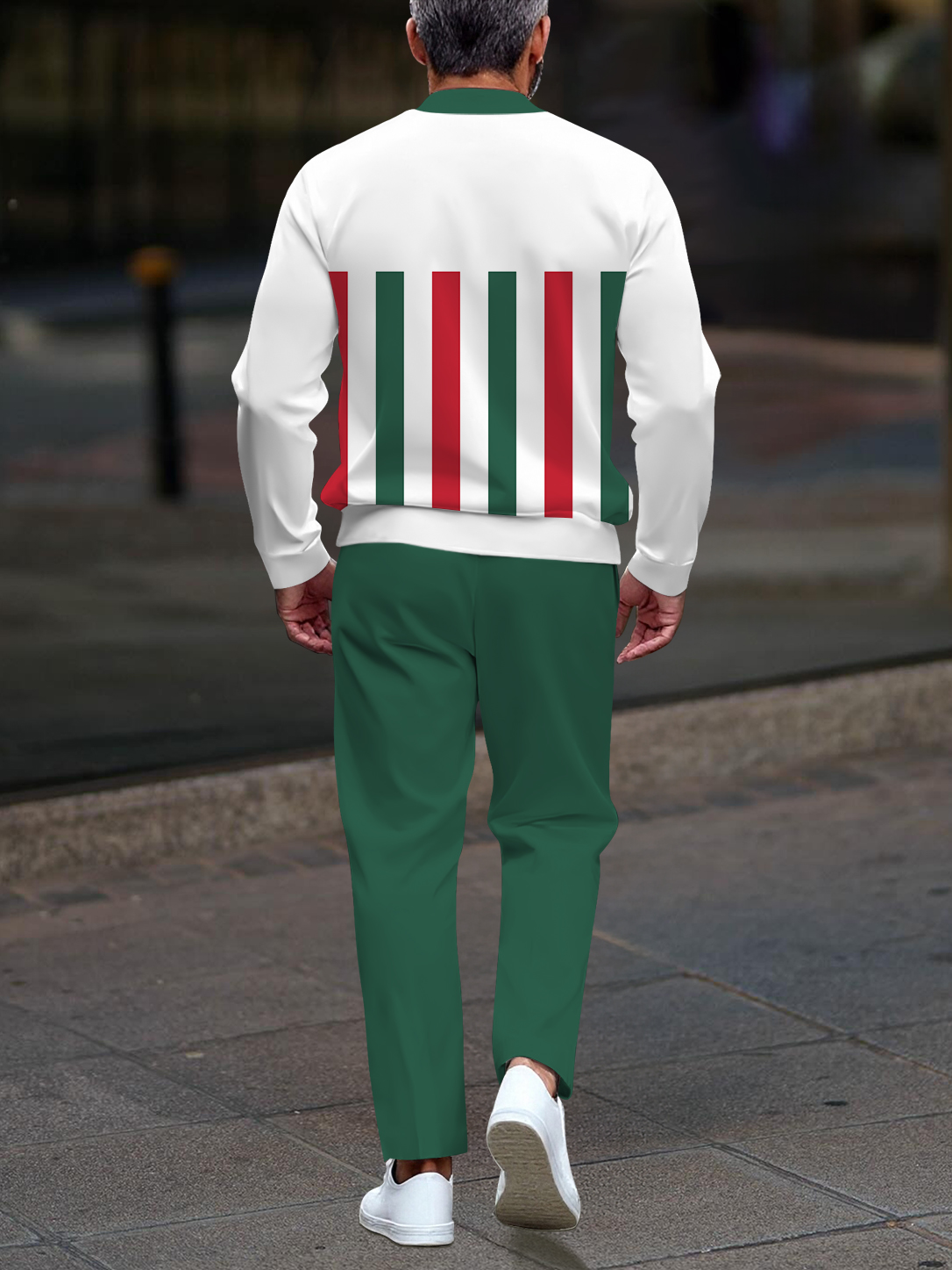 Men's fashionable casual green striped zipper long-sleeved two-piece set