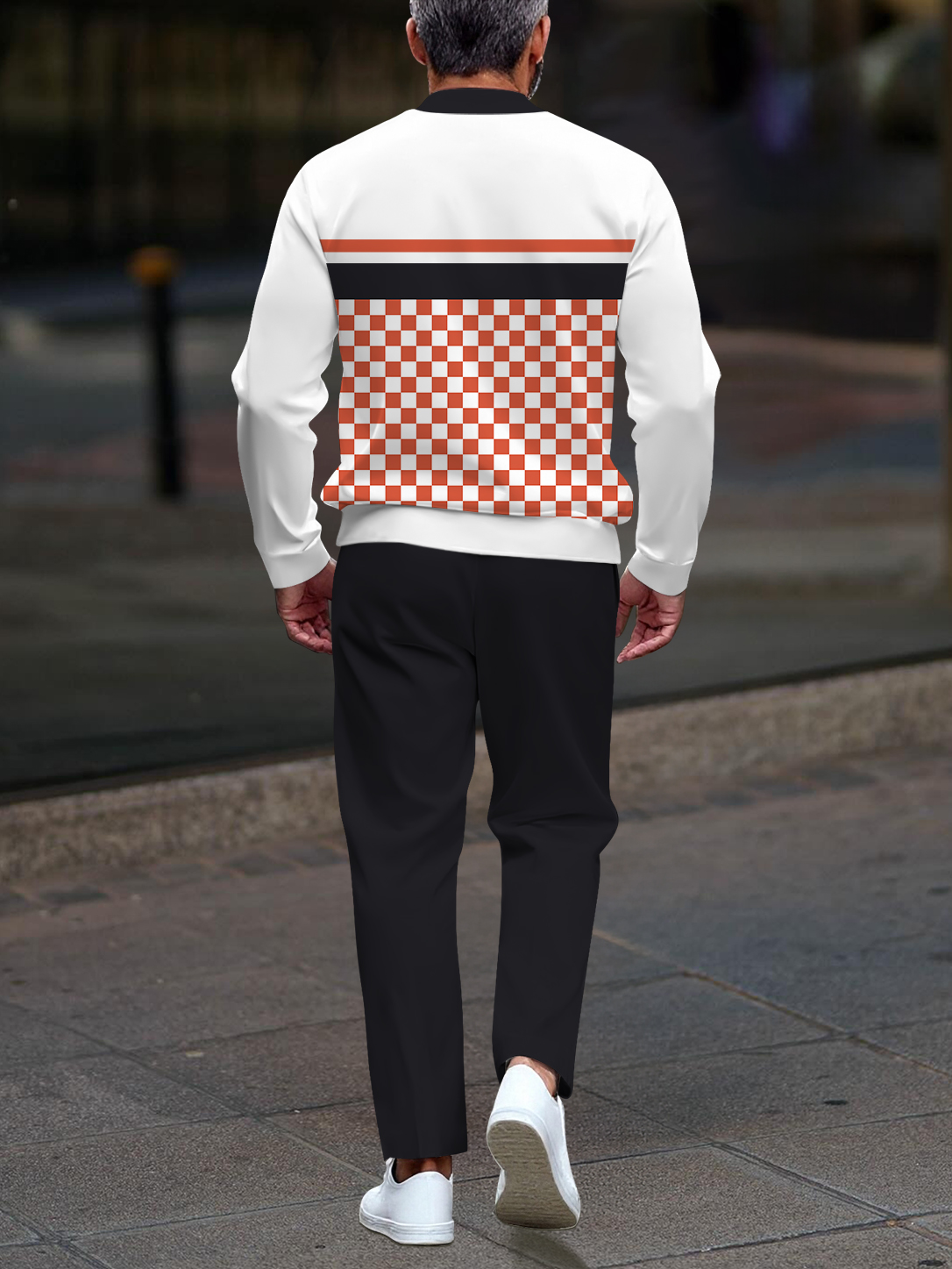 Men's stylish casual checkered zipper long-sleeved two-piece set