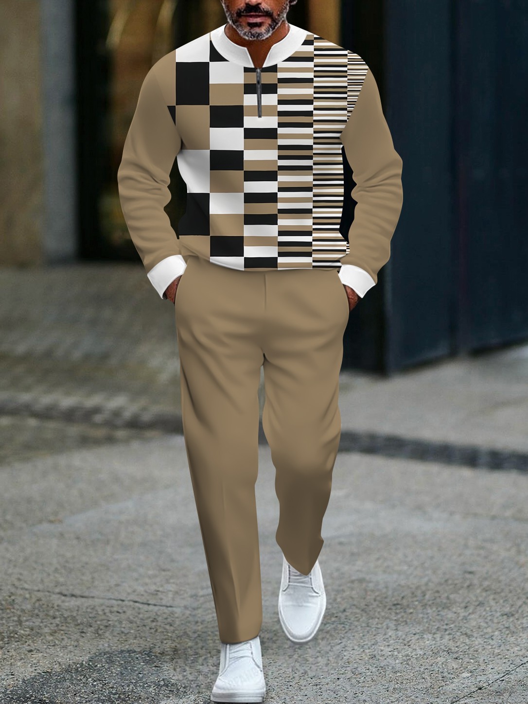 Men's stylish khaki checkered zipper long-sleeved two-piece set