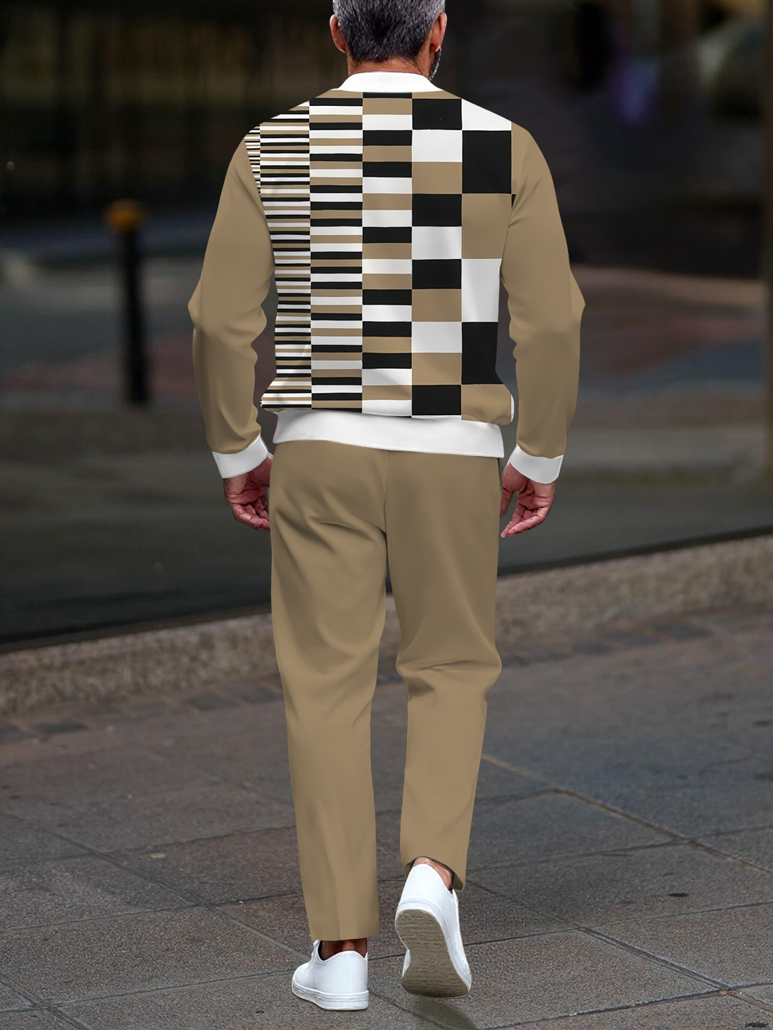 Men's stylish khaki checkered zipper long-sleeved two-piece set