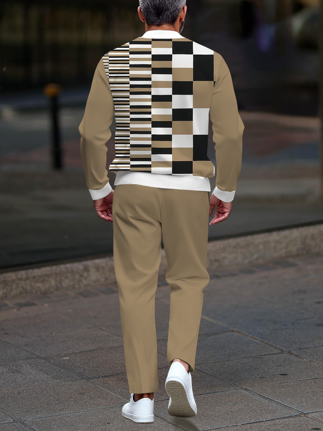 Men's stylish khaki checkered zipper long-sleeved two-piece set