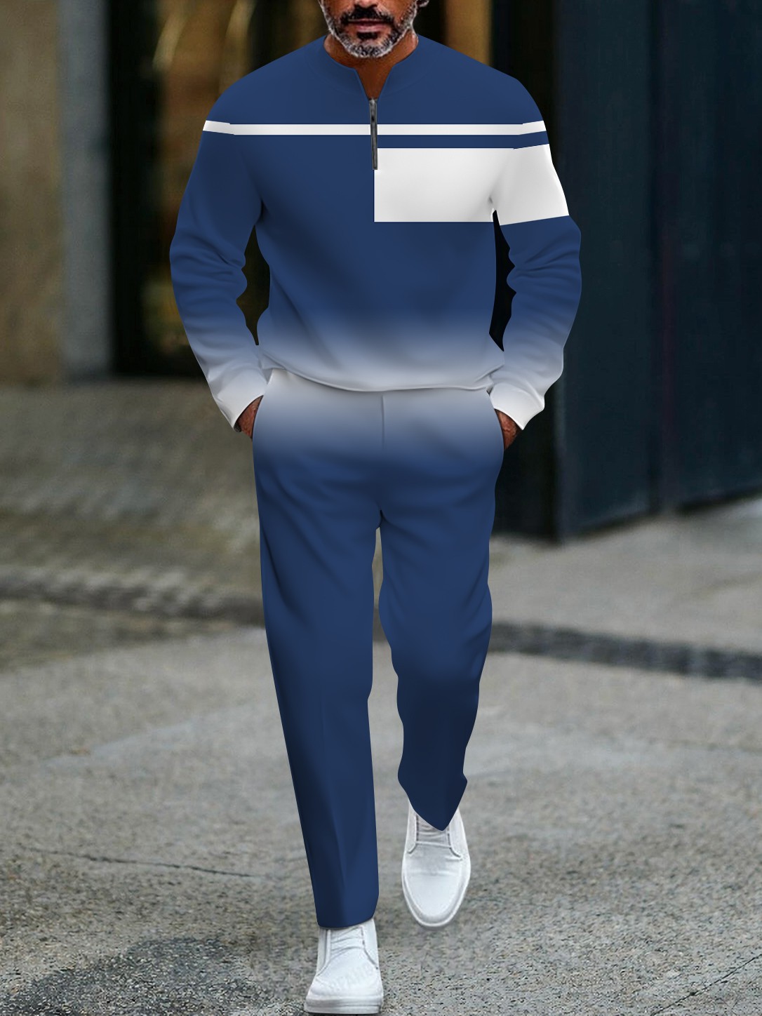 Men's Fashion Gradient Geometric Print Zippered Long-Sleeved Two-Piece Set