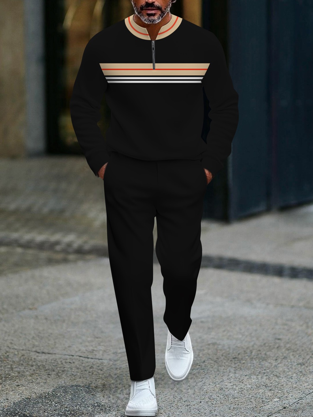 Men's fashionable multi-color striped zipper long-sleeved two-piece set