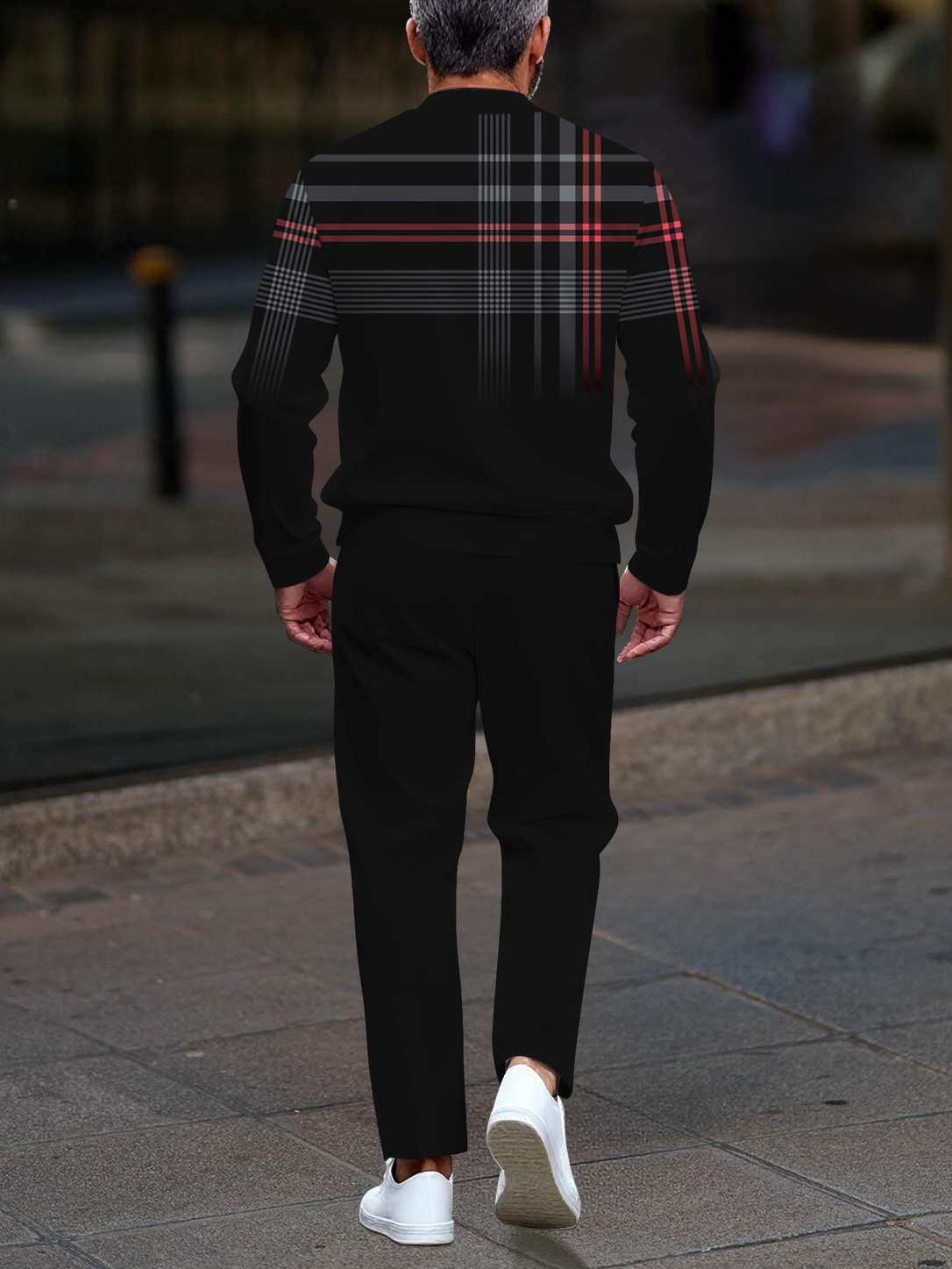 Men's fashionable black striped zipper long-sleeved two-piece set