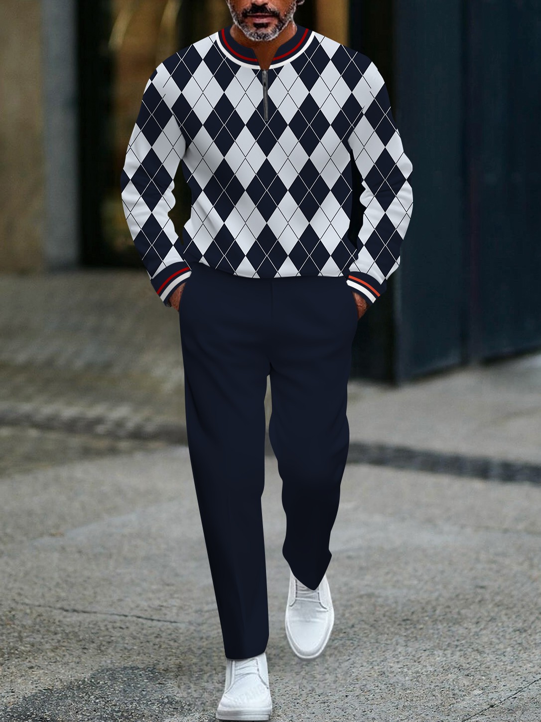 Men's fashionable navy blue checkered zipper long-sleeved two-piece set