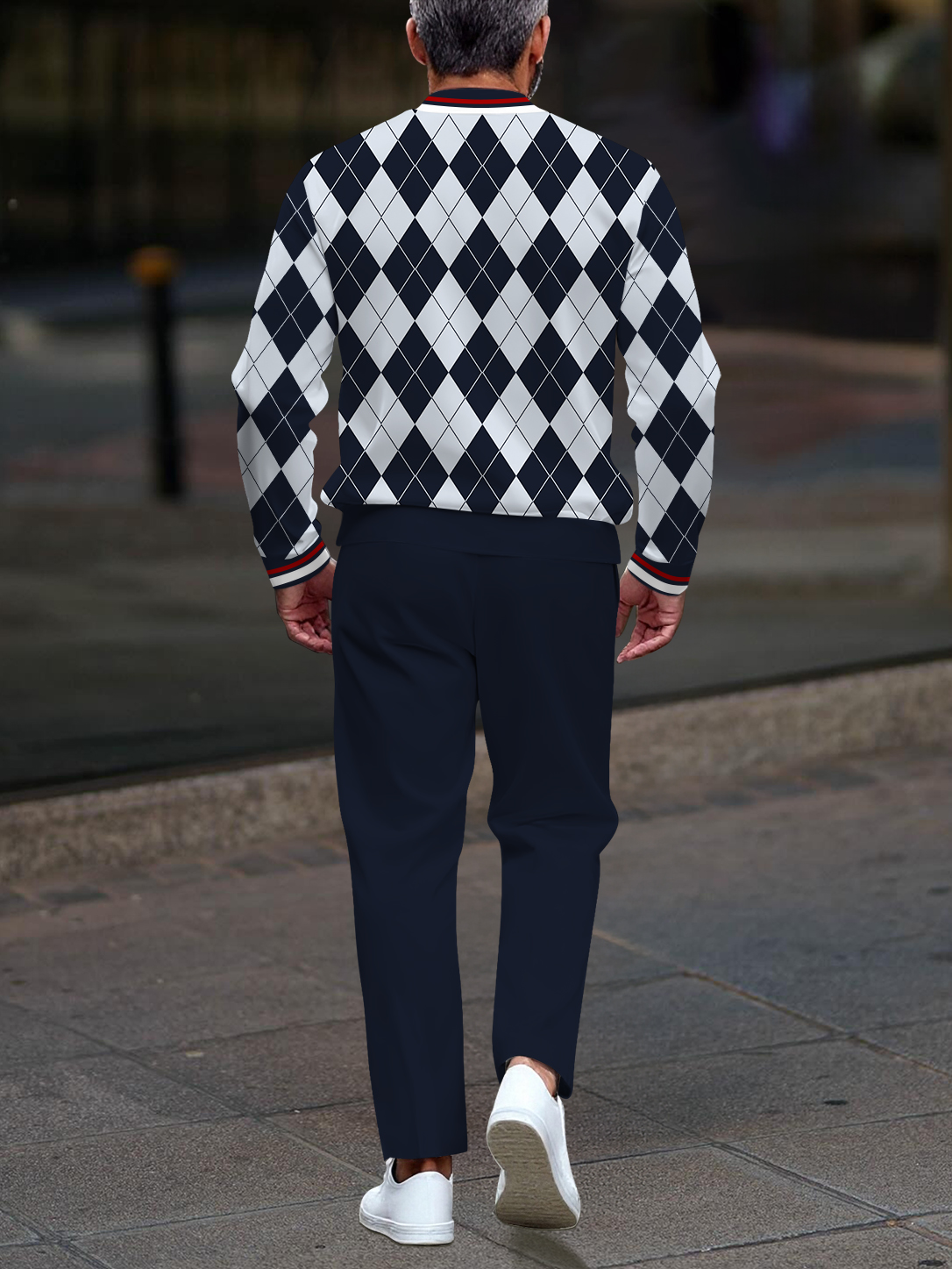Men's fashionable navy blue checkered zipper long-sleeved two-piece set