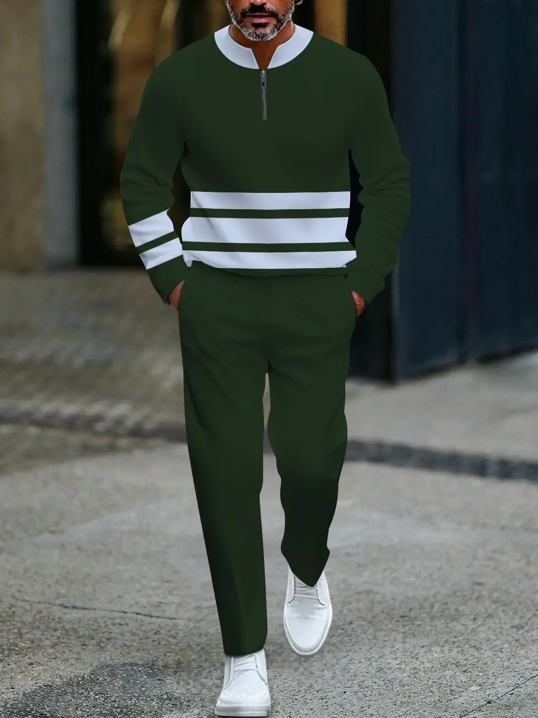 Men's fashionable green striped zipper long-sleeved two-piece set