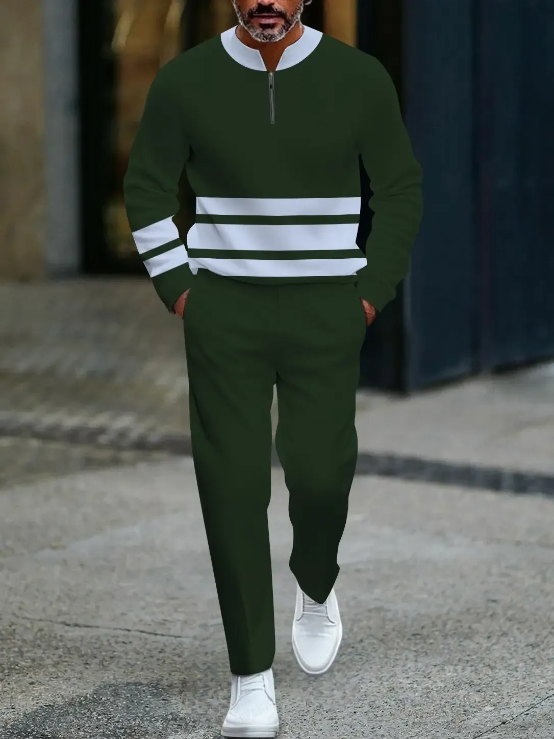 Men's fashionable green striped zipper long-sleeved two-piece set