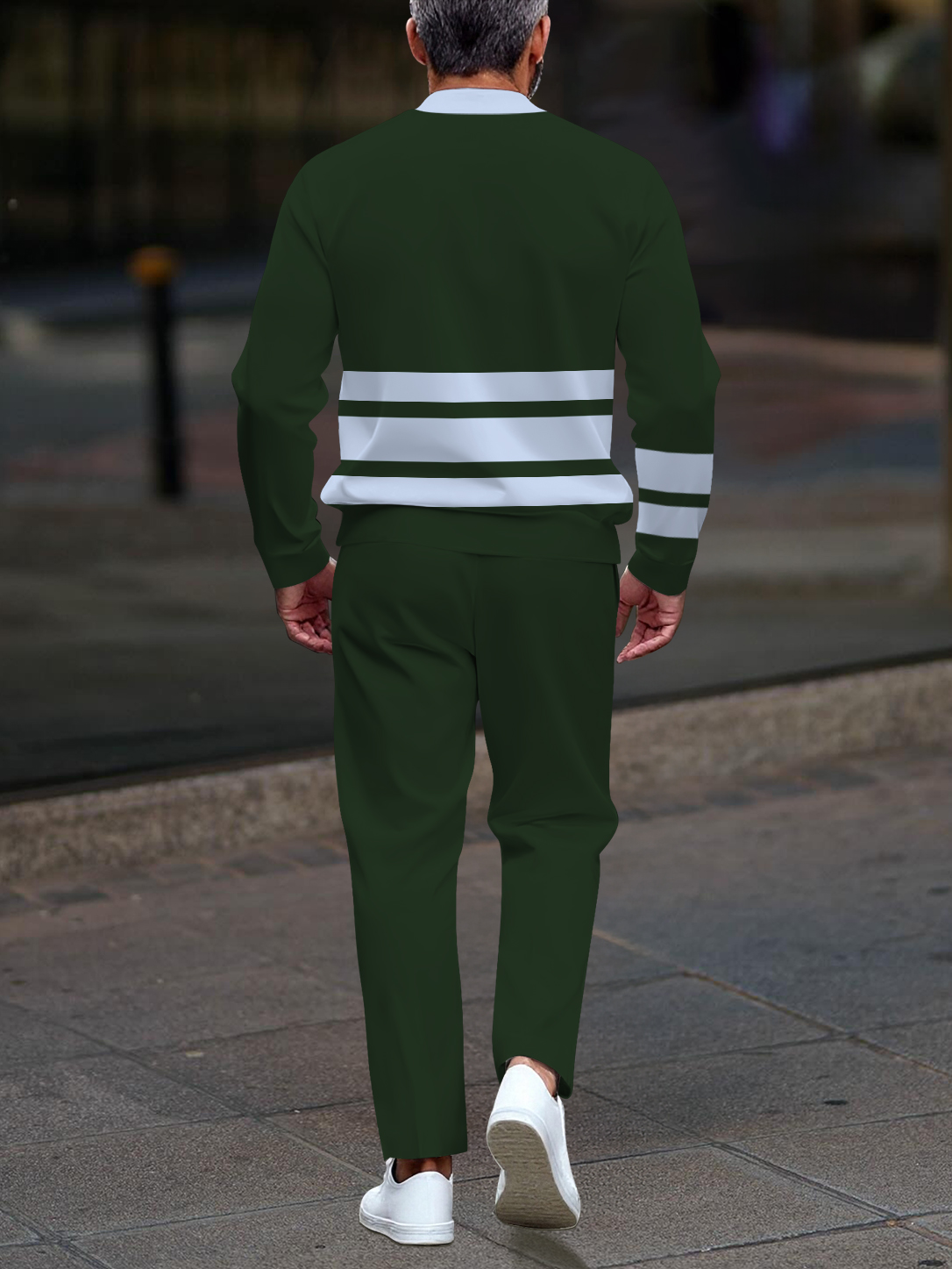 Men's fashionable green striped zipper long-sleeved two-piece set