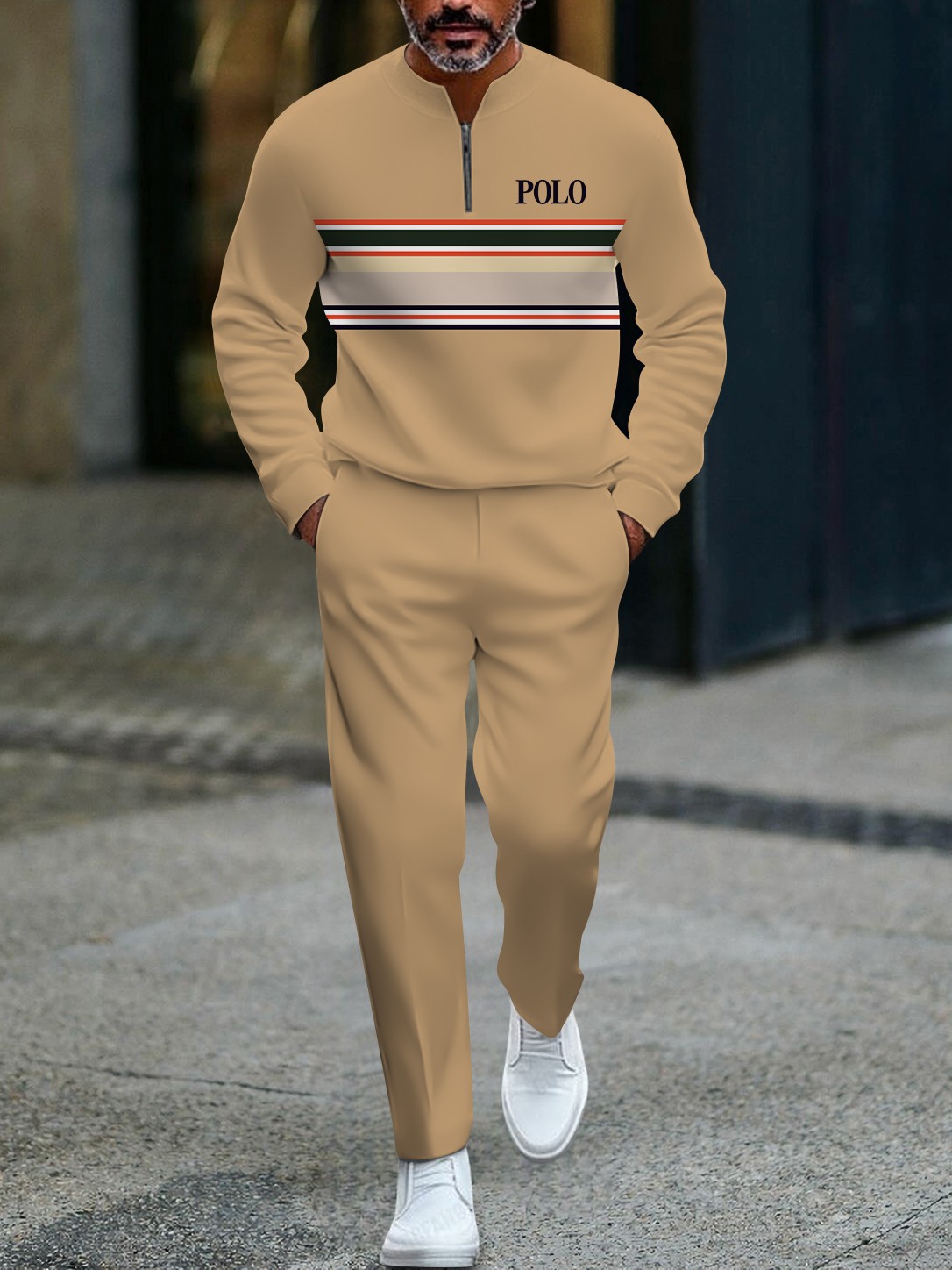 Men's stylish khaki striped zipper long-sleeved two-piece set