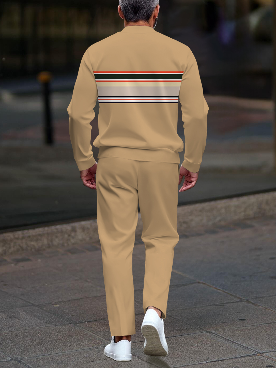 Men's stylish khaki striped zipper long-sleeved two-piece set