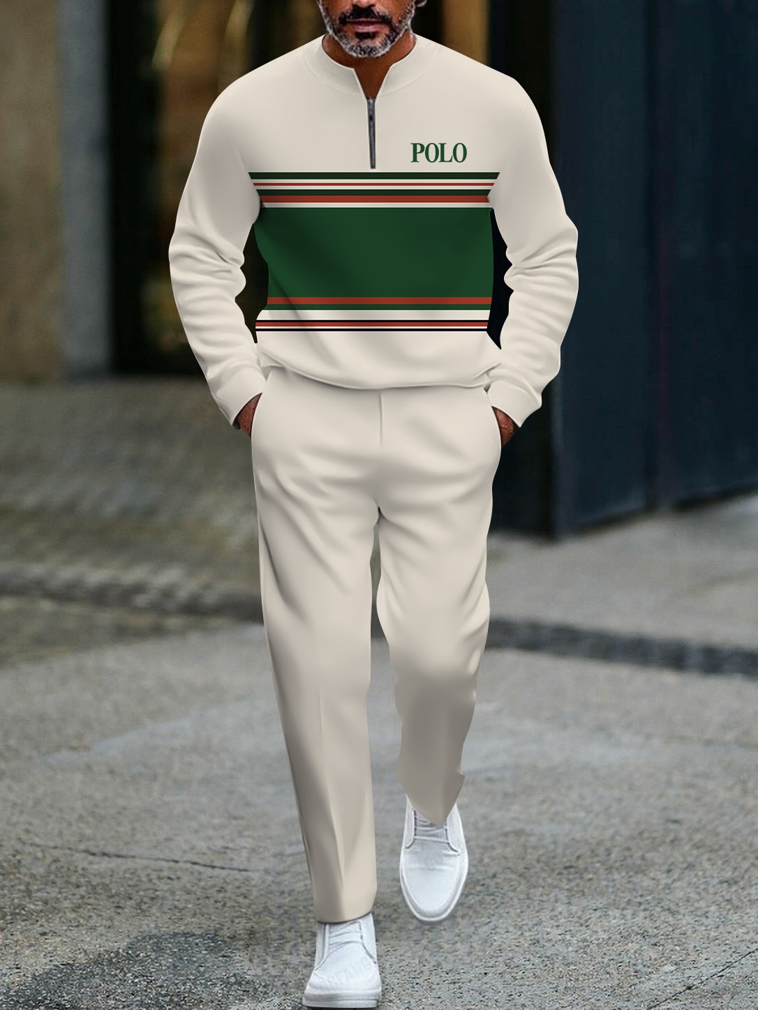 Men's fashionable multi-color striped zipper long-sleeved two-piece set