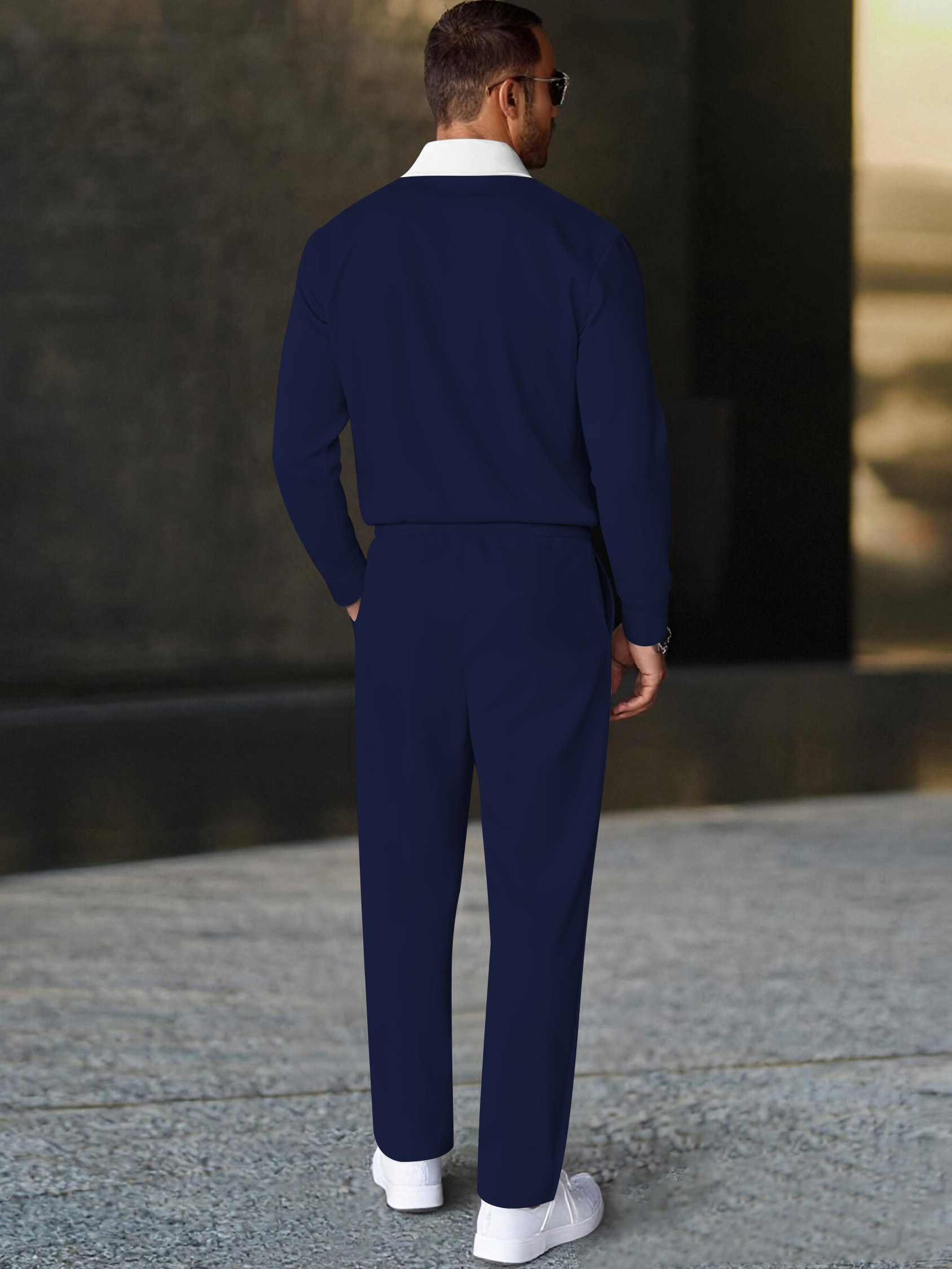 Men's casual navy blue striped polo long-sleeve two-piece set