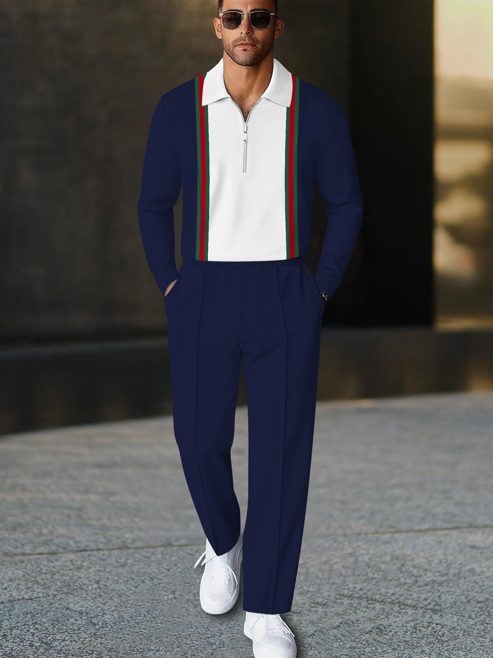 Men's casual navy blue striped polo long-sleeve two-piece set