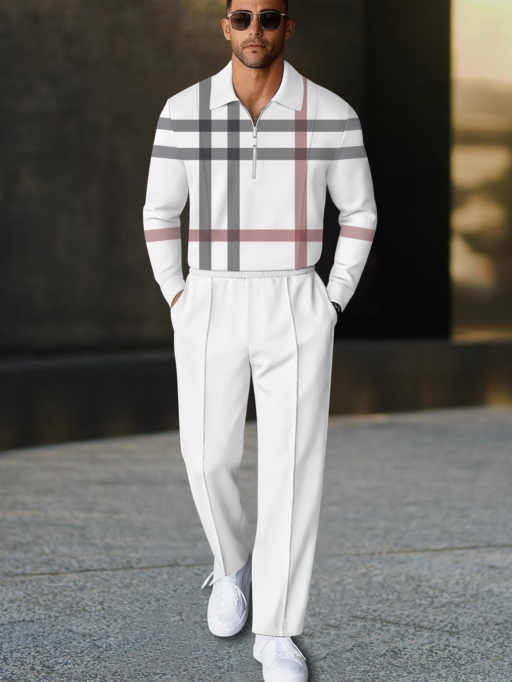 Men's casual white checkered print polo long-sleeve two-piece set